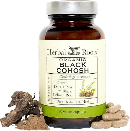 Herbal Roots Raíz de cohosh negro orgánico  Extra fuerte  Menopausia y apoyo menstrual para mujeres  90 cápsulas, vegano