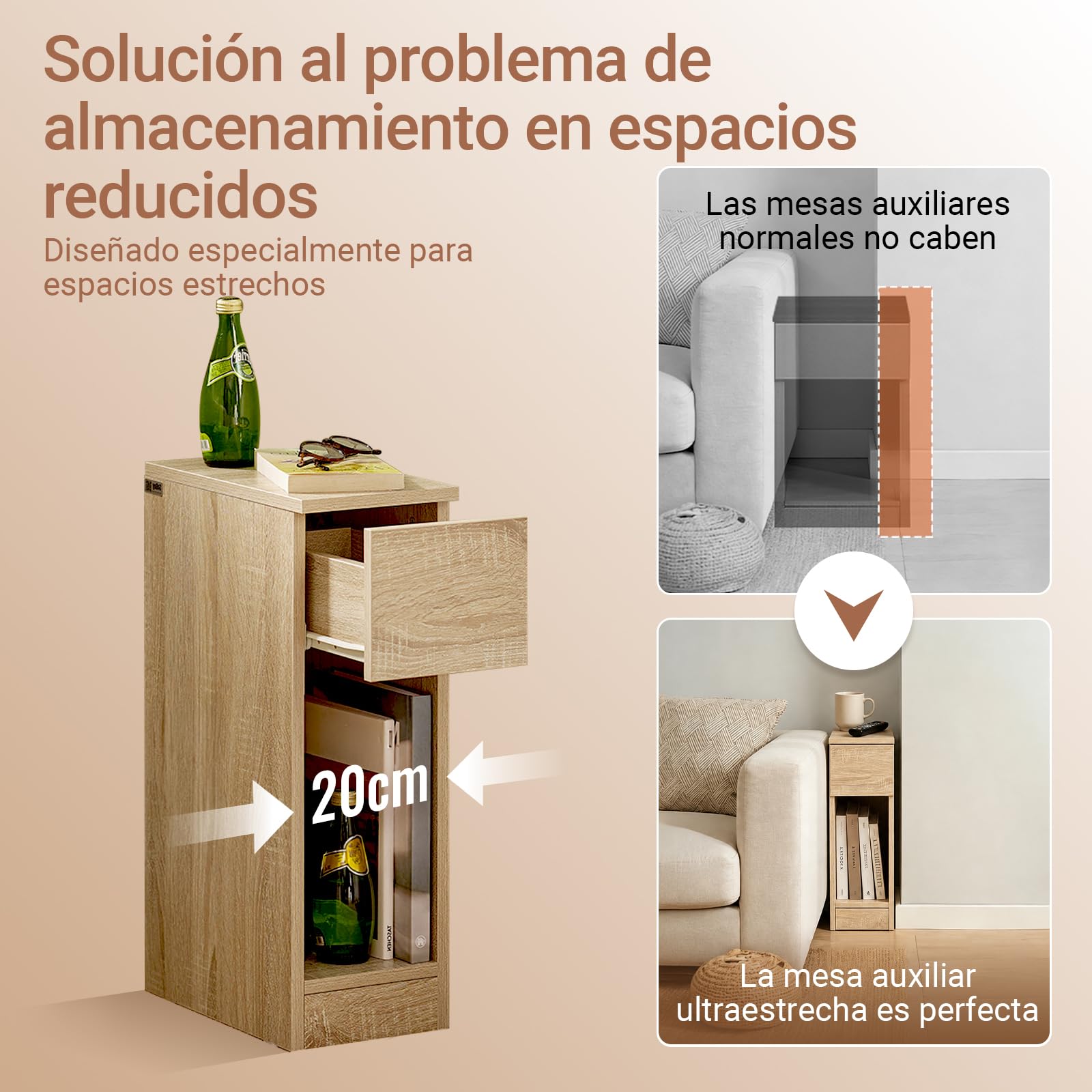 SoBuy Mesita de Noche Estrecha 20 cm con cajón Mesa de Noche ahorradora de Espacio & mesilla de Noche para Espacios pequeños Dormitorio salón Natural 20x35x60 cm FBT111-N