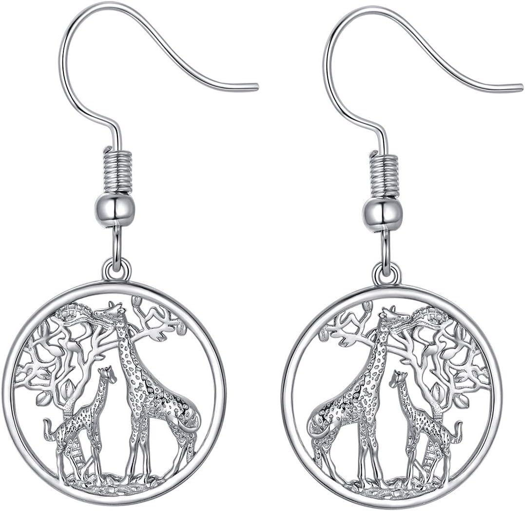 Giraffe Drop Earrings S925 Sterling Silver Animal Dangle Earrings Tree of Life Giraffe Jewelry Gifts for Women Mom Mother's Day Birthday