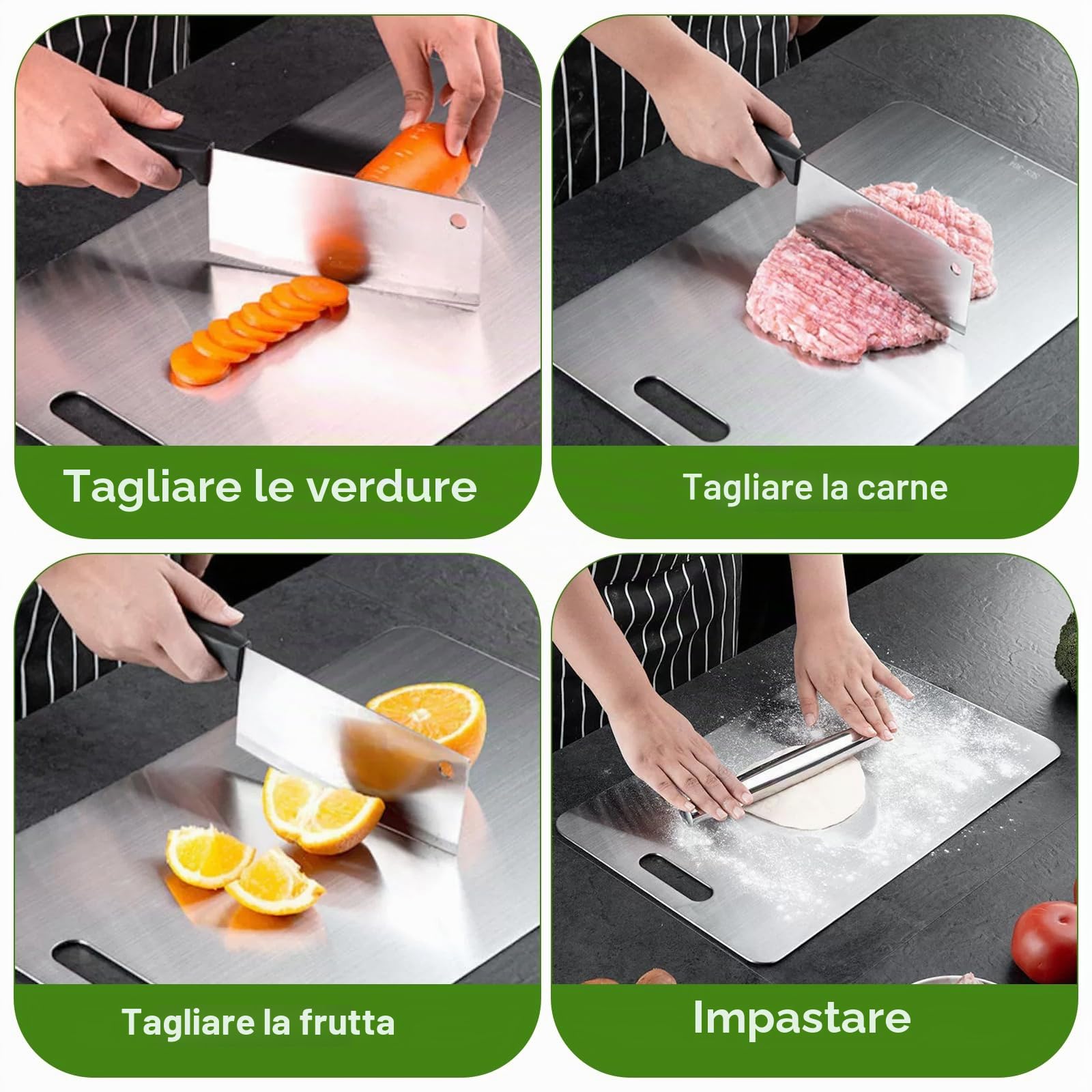 2 Pezzi Tagliere Acciaio Inox, Tagliere in Acciaio Inossidabile 304, titanium cutting board Multifunzione, tagliere Cucina per Uso per Carne, Frutta, Verdura(30 * 40cm+30 * 20cm)