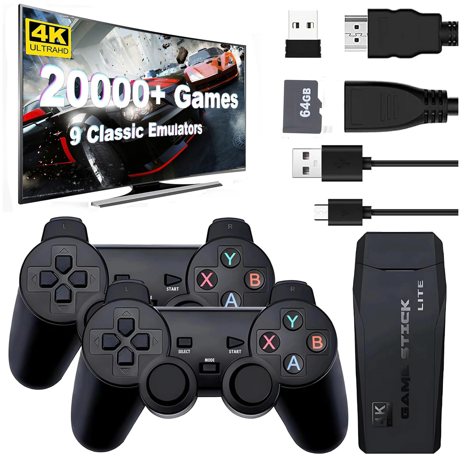 XIXIMENG M8 64G Retro Konsole Retrolink 20000 Spielen zwei kabellose Controller,4K Retro spielekonsole HDMI Plug and Play Wireless Game Stick für TV