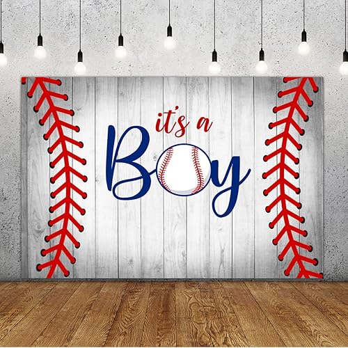 Lofaris Telón de fondo de béisbol con texto en inglés "It's A Boy" de 5 x 3 pies para baby shower para niño, cartel gris de madera rústica para