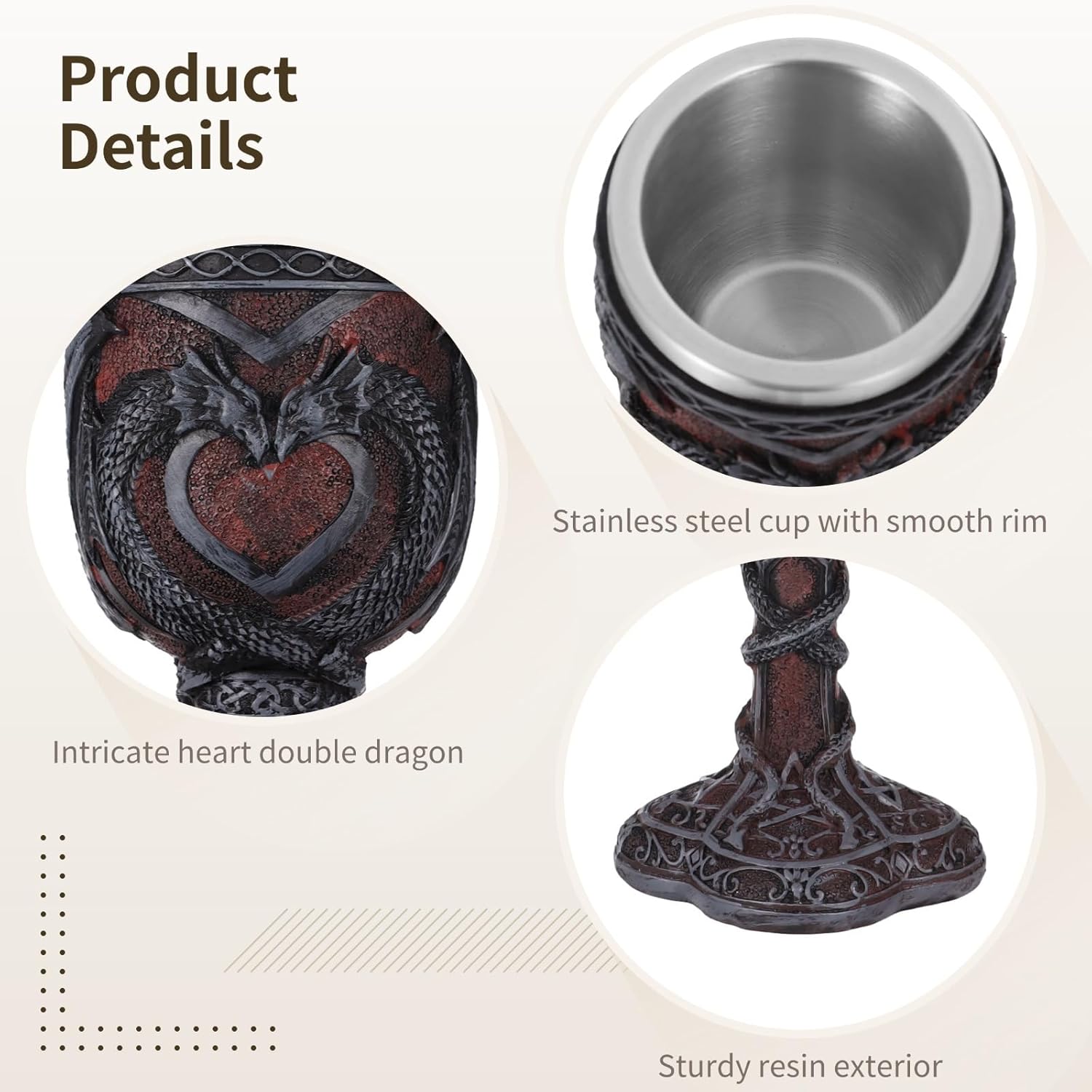 2 Double Dragon Medieval Wine Goblets, Gothic 7Oz Stainless Steel Chalices, Vintage Drinking Cups