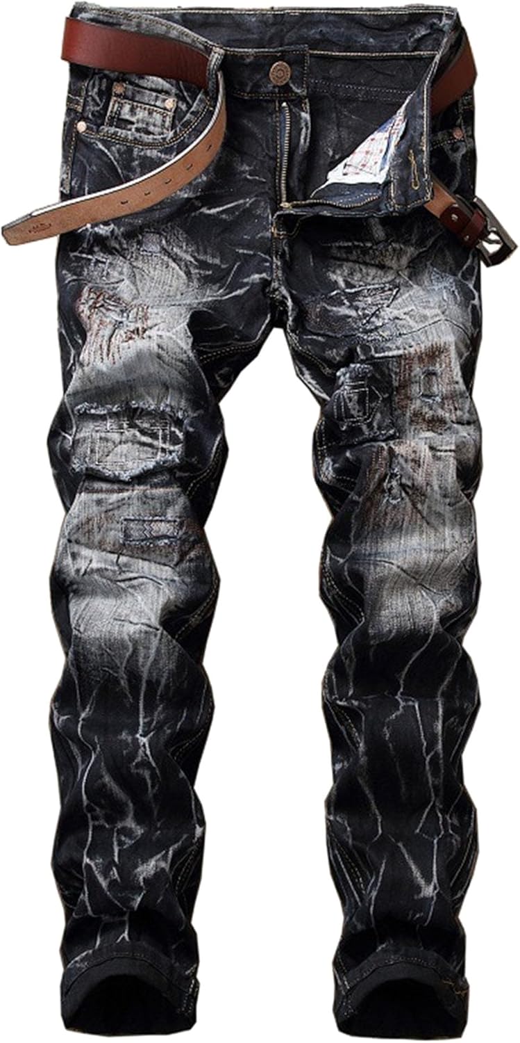 Maiyifu-GJ Ripped Distressed Jeans for Men Destroyed Straight Fit Washed Denim Pants Straight Leg Casual Trousers
