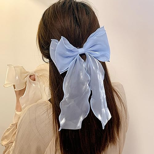 Miniatura 2 de papasgix Pinzas para el pelo para mujer, cintas para el cabello, pinzas para el cabello grandes, color sólido, cinta larga de seda, lazo para el