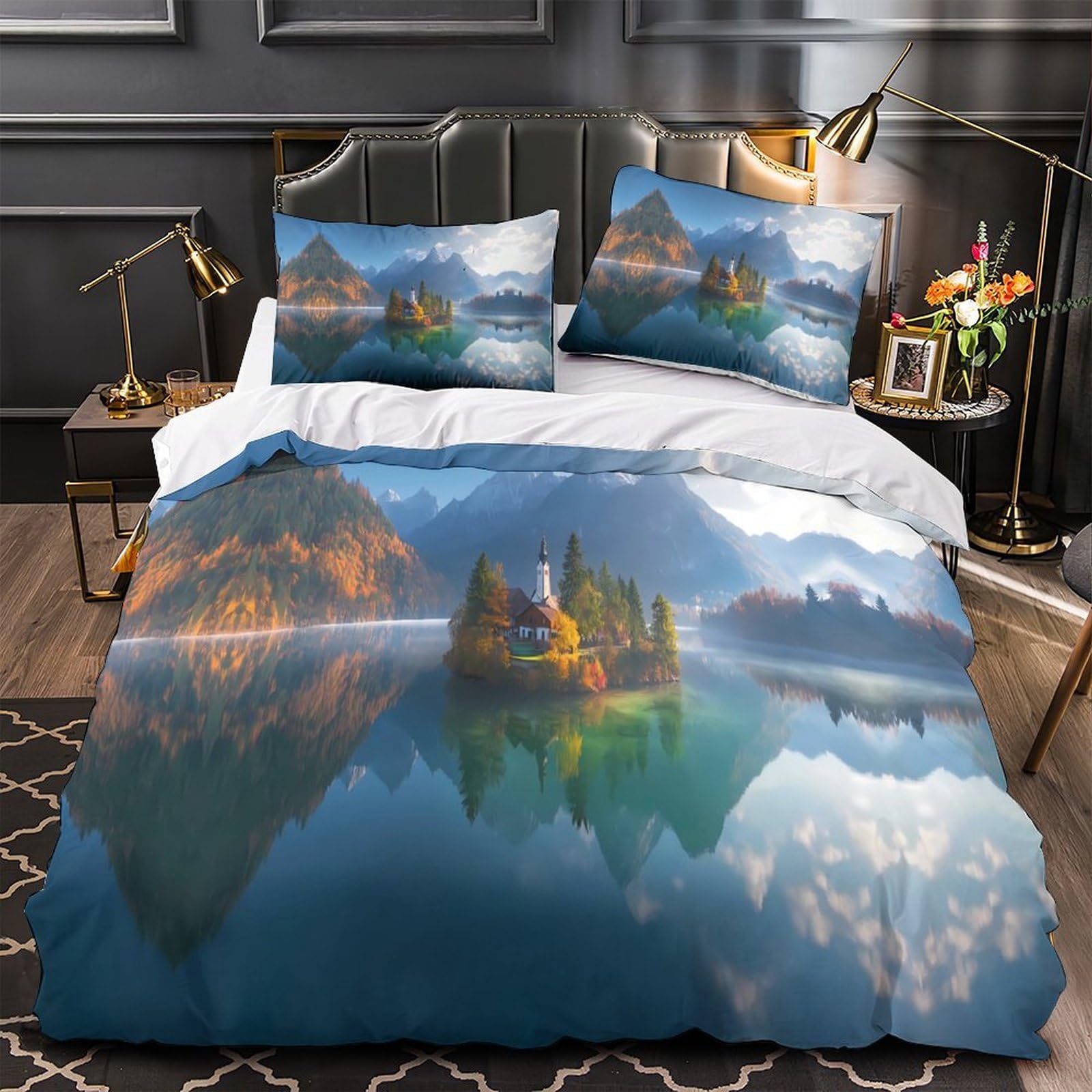 Housse de couette microfibre 220x240 montagne linge de lit 3 pièces pour grand lit