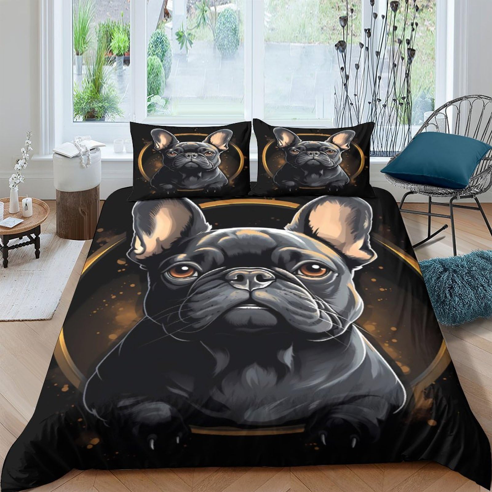 Parure de lit bouledogue français noir 135x200 cm avec housse de couette en microfibres et 2 taies