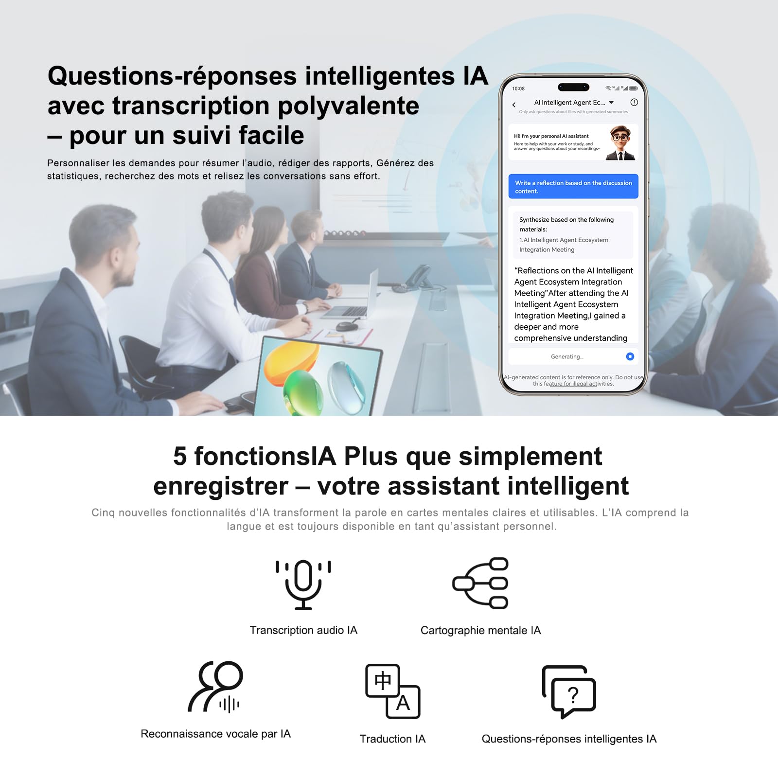 HONOR Choice AI Note Enregistreur Vocal, 600 Min/Mois de Transcription Gratuite, Dictaphone Numérique avec Résumés IA et Cartes Mentales, 130+ Langues, Carte Magnétique Fine, pour Réunions et Appels