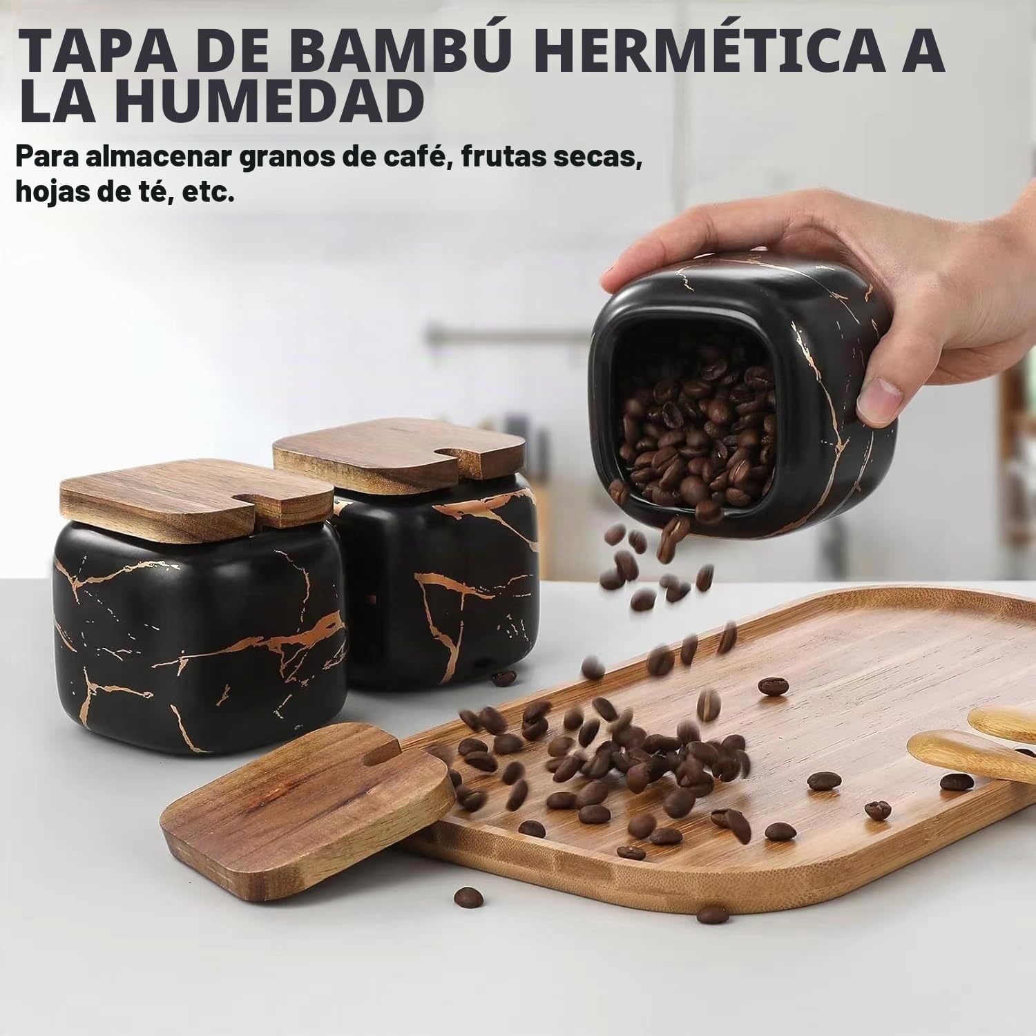 Juego de tarros especias, 3 unidades, azucarero cerámica con tapa y cuchara bambú para casa cocina, alternativa al especiero cocina mesa comedor, diseño mármol negro