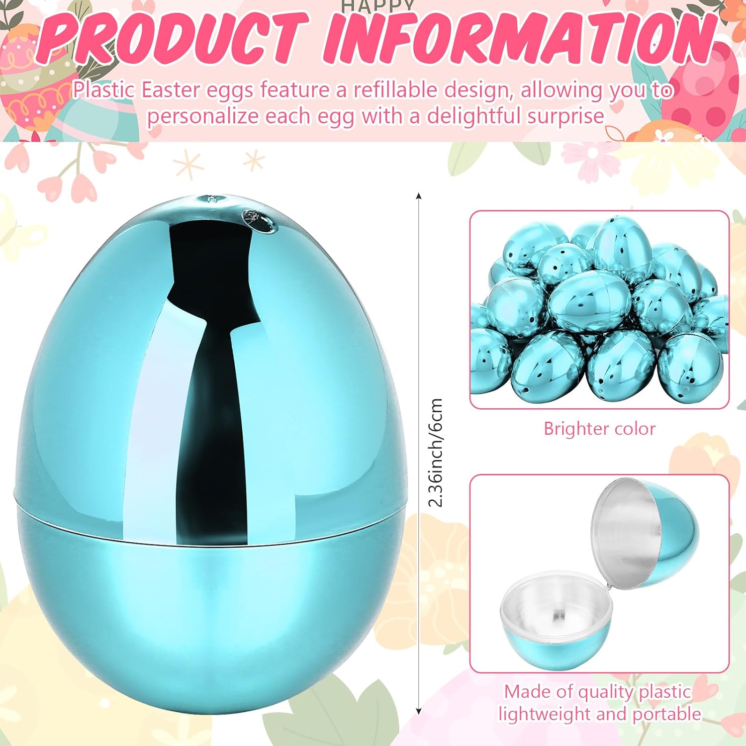 24 Pcs Fillable Easter Eggs 2.36 Inch Easter Eggs with Hinge Plastic Empty Eggs for Easter Egg Hunt Basket Stuffers Easter Theme Decorations (Baby blue)