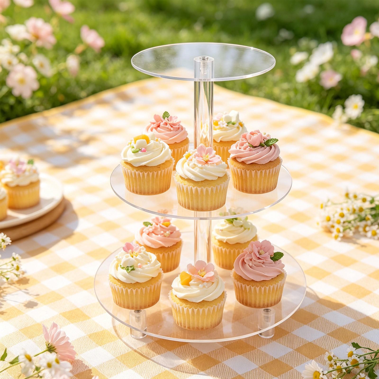 Présentoir à cupcakes en acrylique, présentoir rond à 3 étages pour gâteaux et cupcakes, idéal pour les mariages, les anniversaires et les fêtes à thème - 30 cm (12 pouces) de