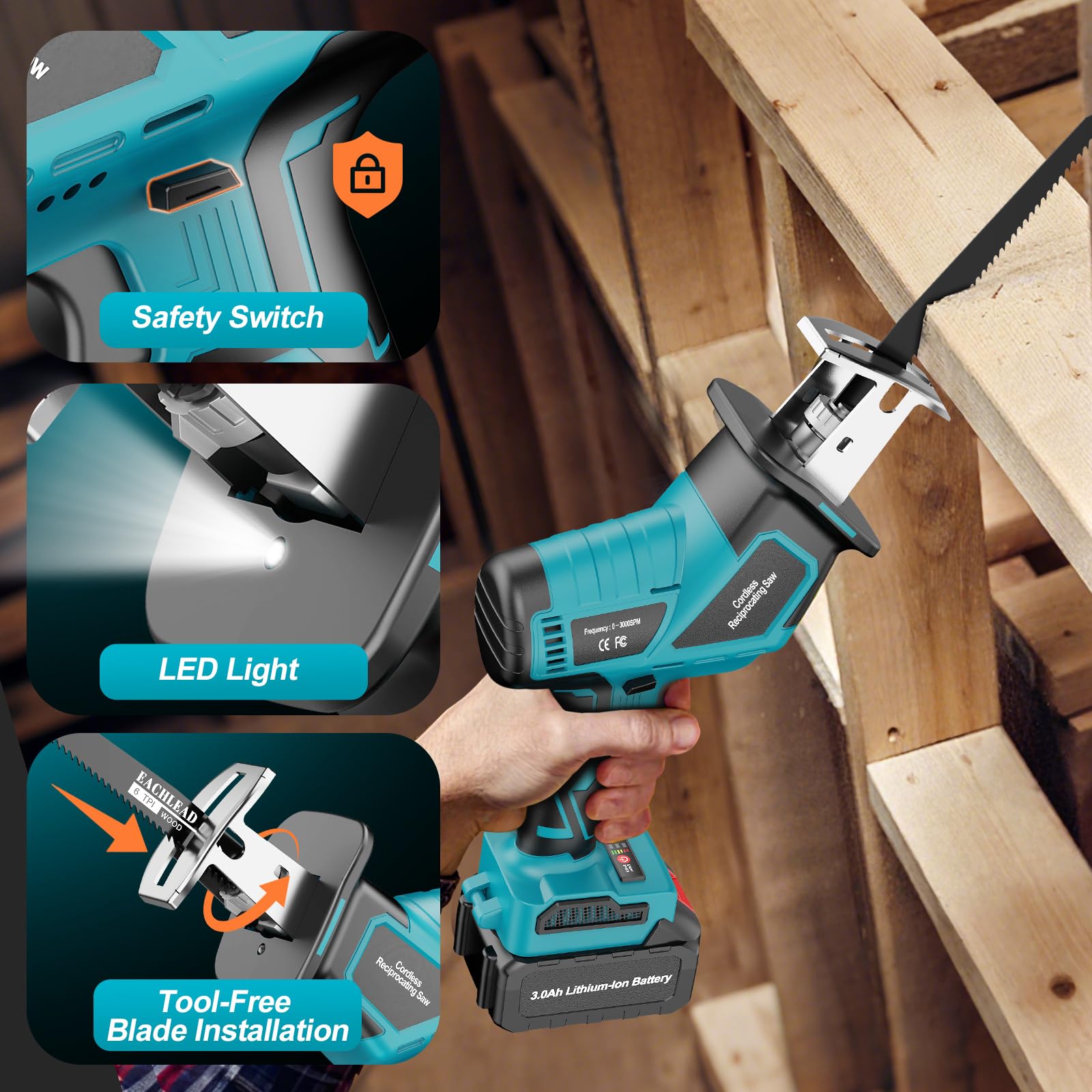 Scie sabre sans fil Compatible avec Batterie Makita 18V, 6 Vitesses Jusqu'à 3500 SPM Scie alternative Electrique avec 2×3.0Ah Batterie, 4 Lame, et Pour Bois et Métal