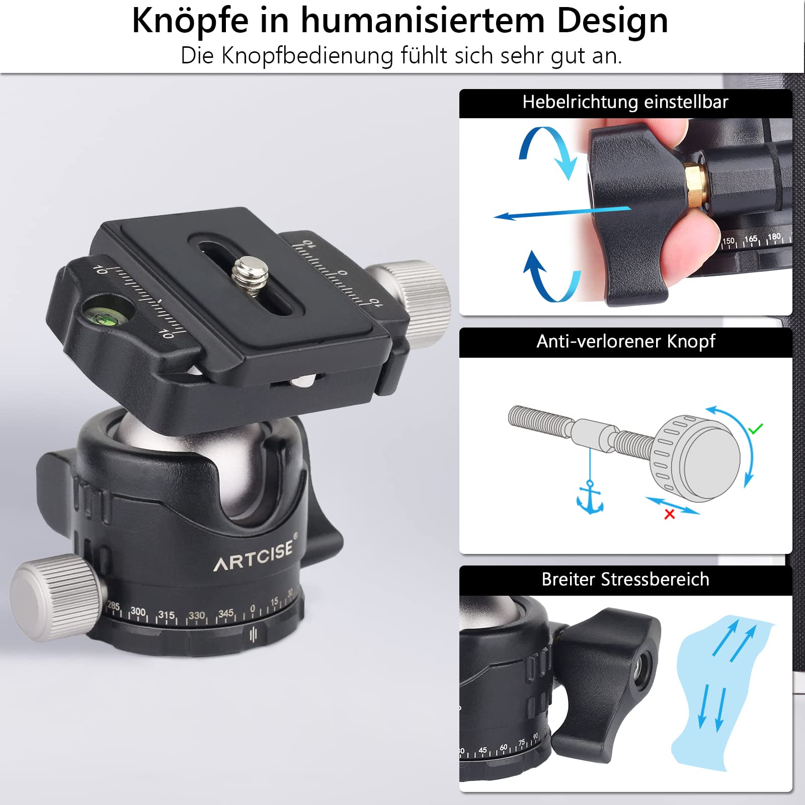 Stativkopf mit niedrigem Profil, ARTCISE EB30S 30MM Kugeldurchmesser mini Ganzmetall-Kugelkopf & 1/4 "Schnellwechselplatten & 3 Stück 1/4" auf 3/8" Umwandlungsschraube für Kamera, DSLR.