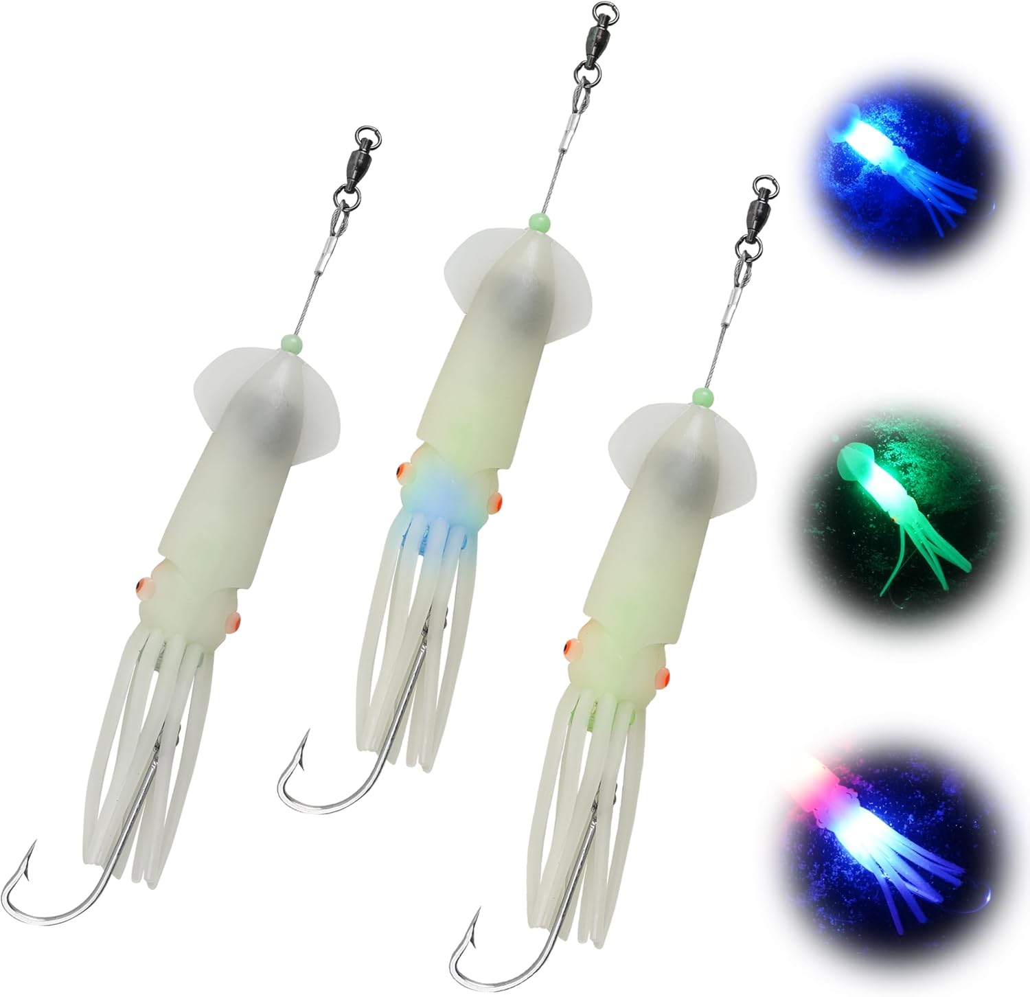 Saltwater Squid LED Fishing Lures Lighted Glow Fishing Lures Soft Squid Jig Rig Halibut Lincod Jig Deep Drop Flasher Offshore Trolling Baits with 6/0 Hooks for Tuna Grouper Striper Mackerel