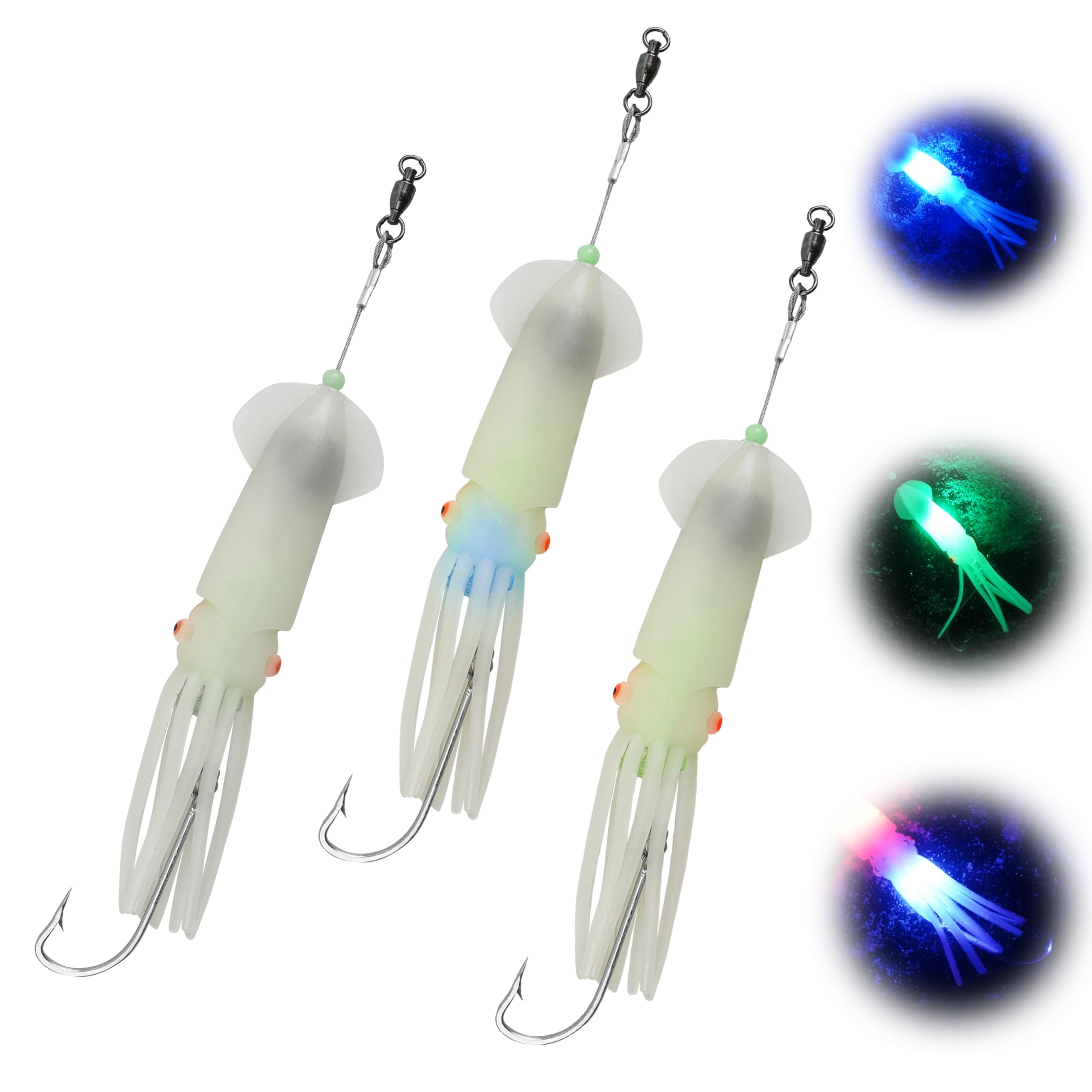 Señuelos de pesca de calamar de agua salada de 8 pulgadas, señuelos LED brillantes con 6/0 ganchos, luces de caída profunda, aparejo de halibut para atún, almizcle, caballa, salmón, surf, pesca en