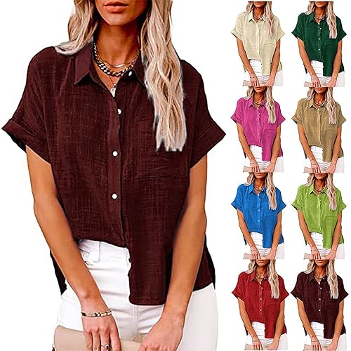 Linen Shirts for Women Short Sleeve Summer 2026 Button Down Shirt Blouse Collared Casual Trendy Loose Tops Clothing