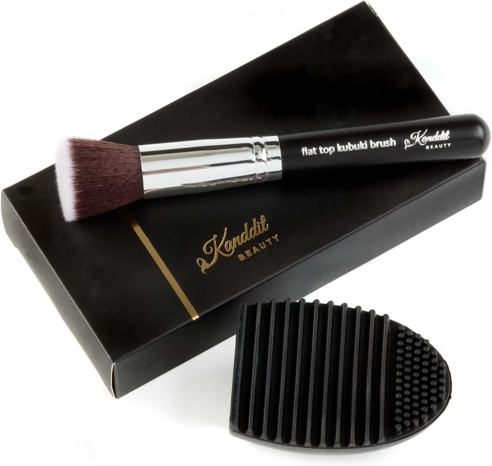 Kanddit Beauty™ Make Up Brush With Brush Cleaner Egg Foundation Kabuki Flat Top - Perfect For Blending Liquid Cream or Flawless Powder - Buffing Stippling Concealer - Premium Quality Bristles (Black)