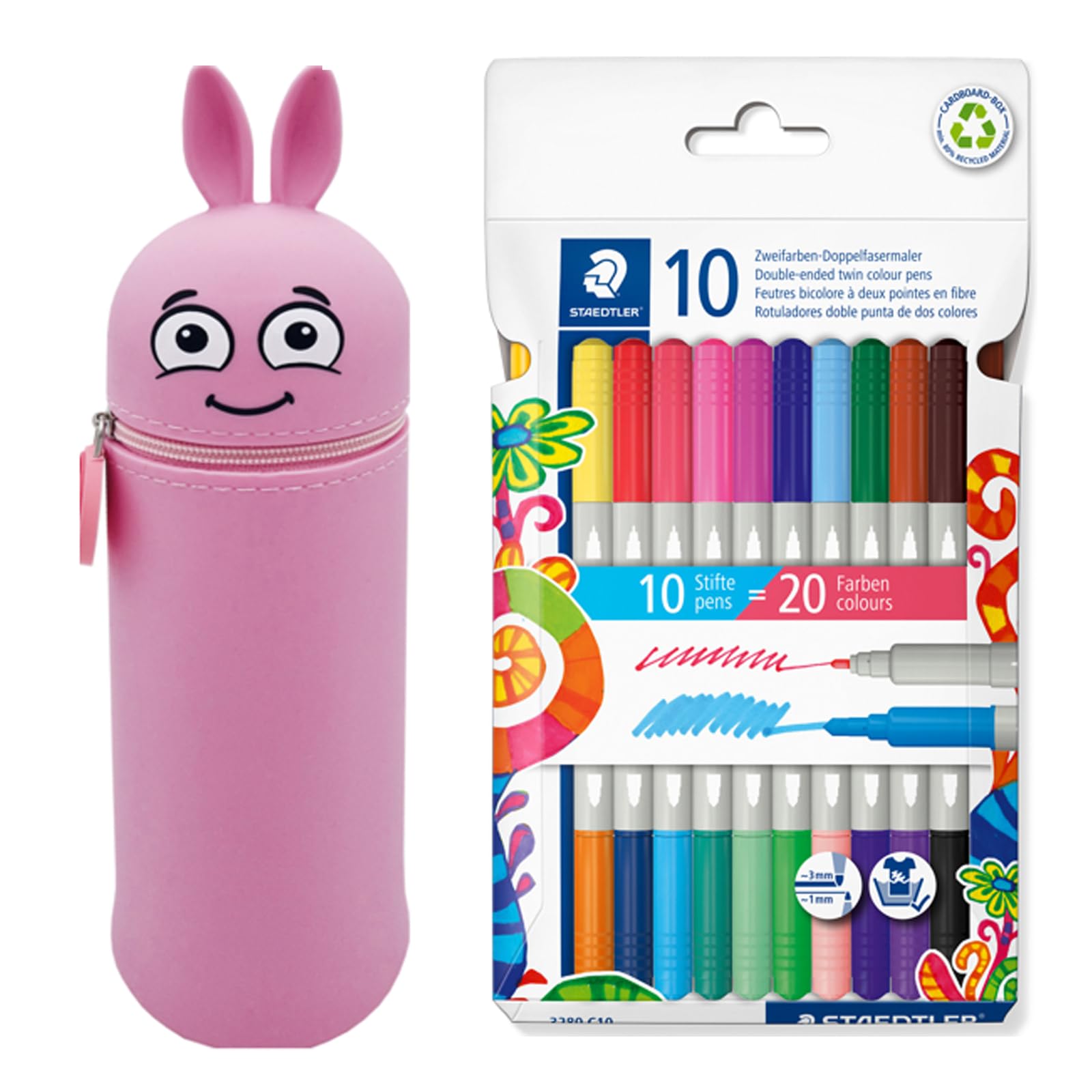 MARKY Pencil case in Emoji Design in Pink, Soft and wear-Resistant Silicone, Including 10 STAEDTLER Twin Colour Felt-tip pens, Two Tips with Two Colours, line Thickness 3 mm and 1 mm