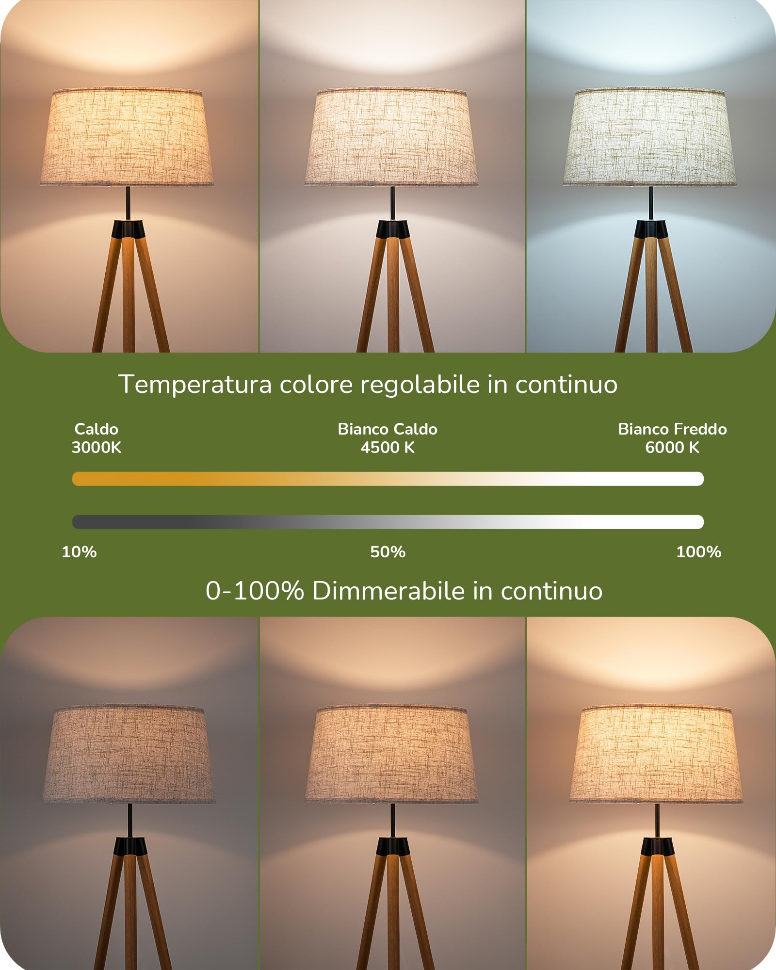 EDISHINE Lampada da Terra, Treppiede in Legno, LED Dimmerabile, Boho