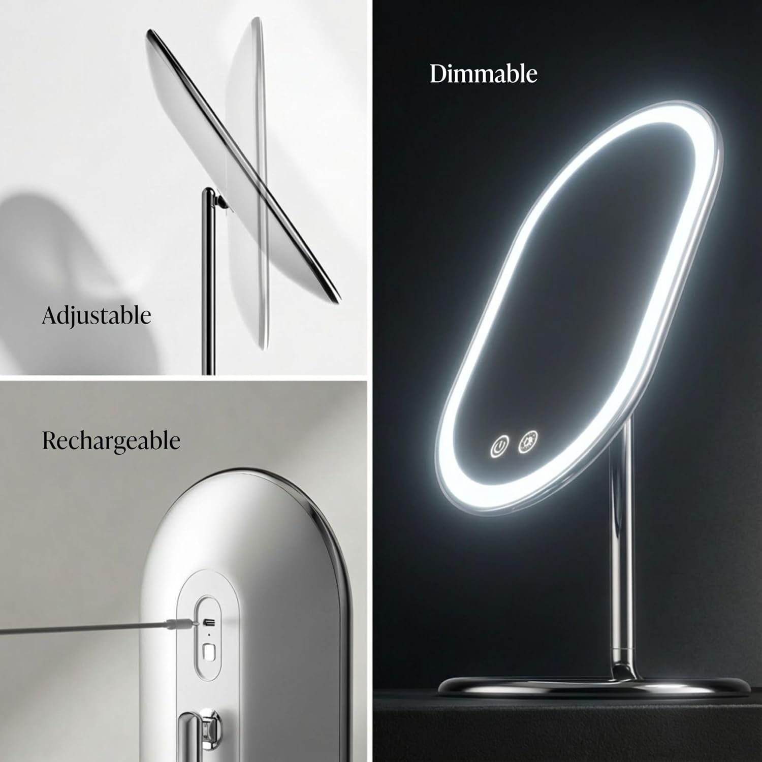 Fancii Vera LED Lighted Vanity Makeup Mirror, Rechargeable - Cordless Illuminated Cosmetic Mirror with 3 Dimmable Light Settings, Dual Magnification (Chrome)