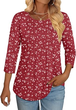NORACORA Womens 3/4 Sleeve Tunic Top Crew Neck Pleated Loose Fit