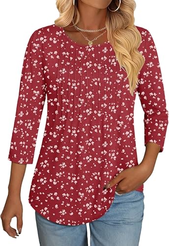NORACORA 3/4 Length Sleeve Womens Tops Loose Fit Crew Neck Shirts Dressy Casual Pleated Cute Clothes 2026 Summer Tunics