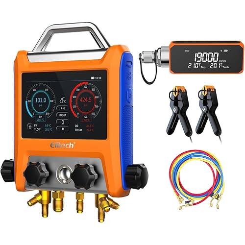 Elitech Digital 4 Valve Manifold Gauge HVAC with Refrigerant Hoses, Vacuum Micron Gauge, Thermometer Clamps, OTA Upgrade, Wireless APP Control, EMG-40VPro