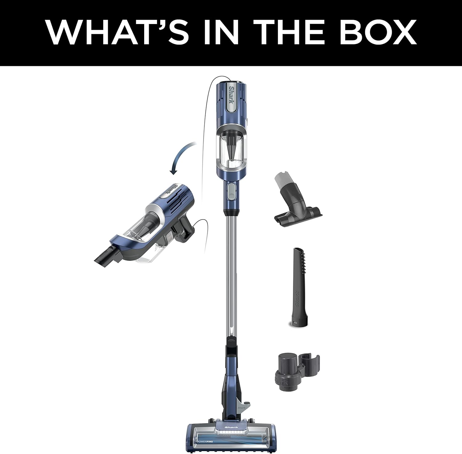 All components of the Shark HZ600C vacuum laid out, including the main unit, floor nozzle, wand, handheld vacuum, and various attachments.