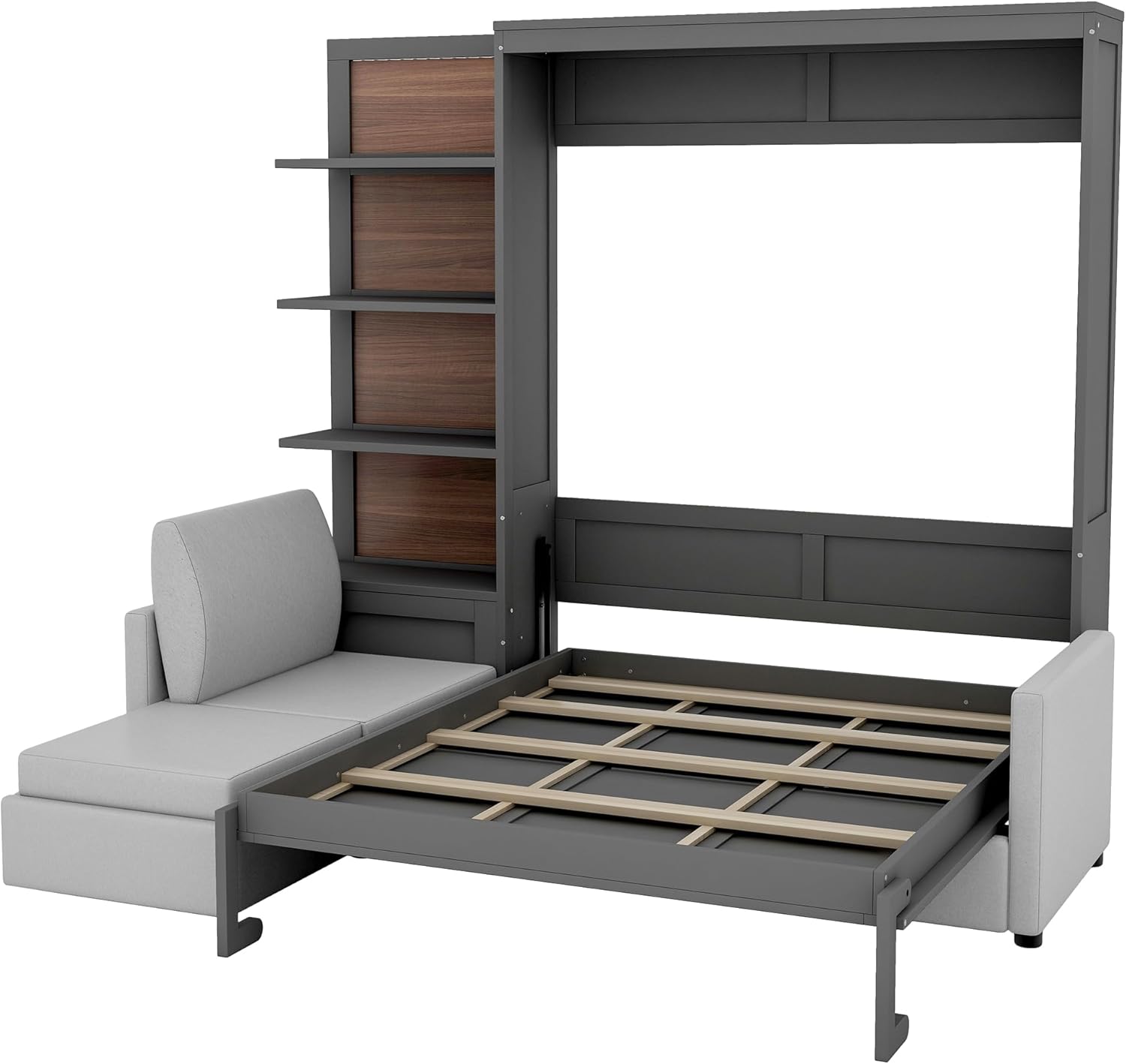 P PURLOVE Queen Wood Murphy Bed with Sofa, Modern Wall Bed with Shelves, Space-Saving Folding, No Box Spring Needed, Easy Assembly, Gray