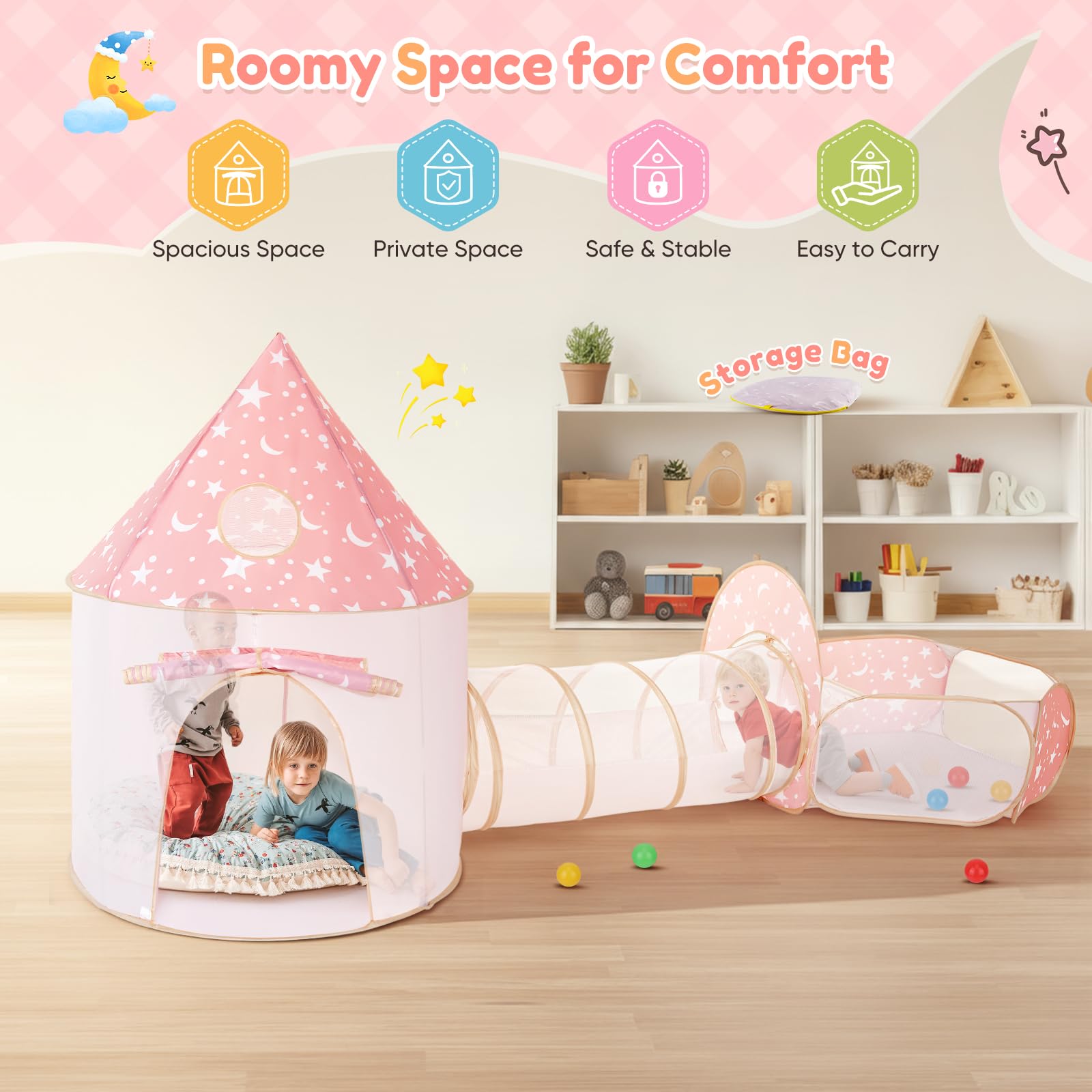 Tente de Jeu 3 en 1 pour Enfants avec Tunnel et Piscine à balles, maisonnette de Jeu château escamotable pour intérieur et extérieur, Vide sanitaire Pliable avec Panier de Basket