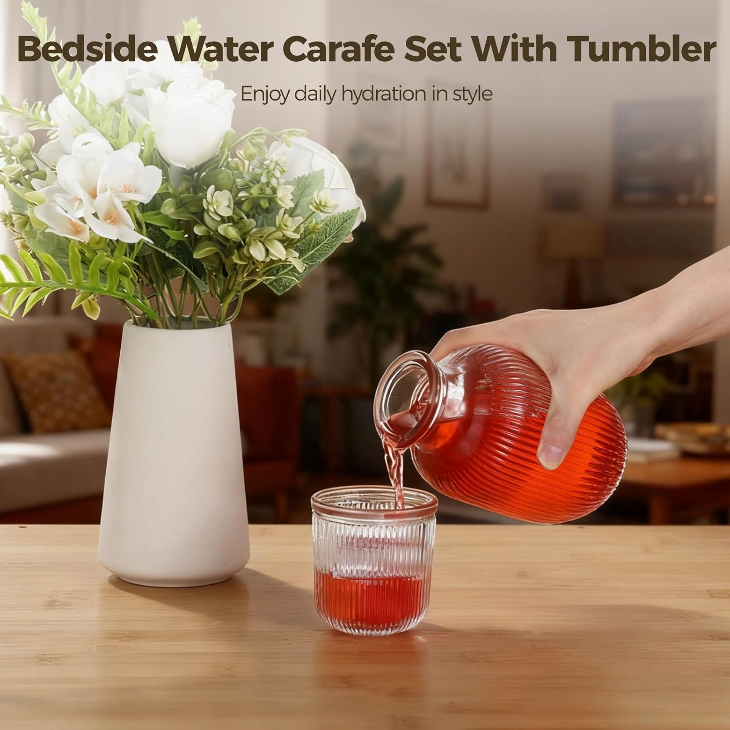 4 Set Bedside Water Carafe With Tumbler, 20.3 oz Vintage Glass Water Pitcher with Tumbler, European Embossed Texture, Mouthwash Decanter, Water Pitcher for Bedside, Home, Kitchen (8 PCS) - Image 2