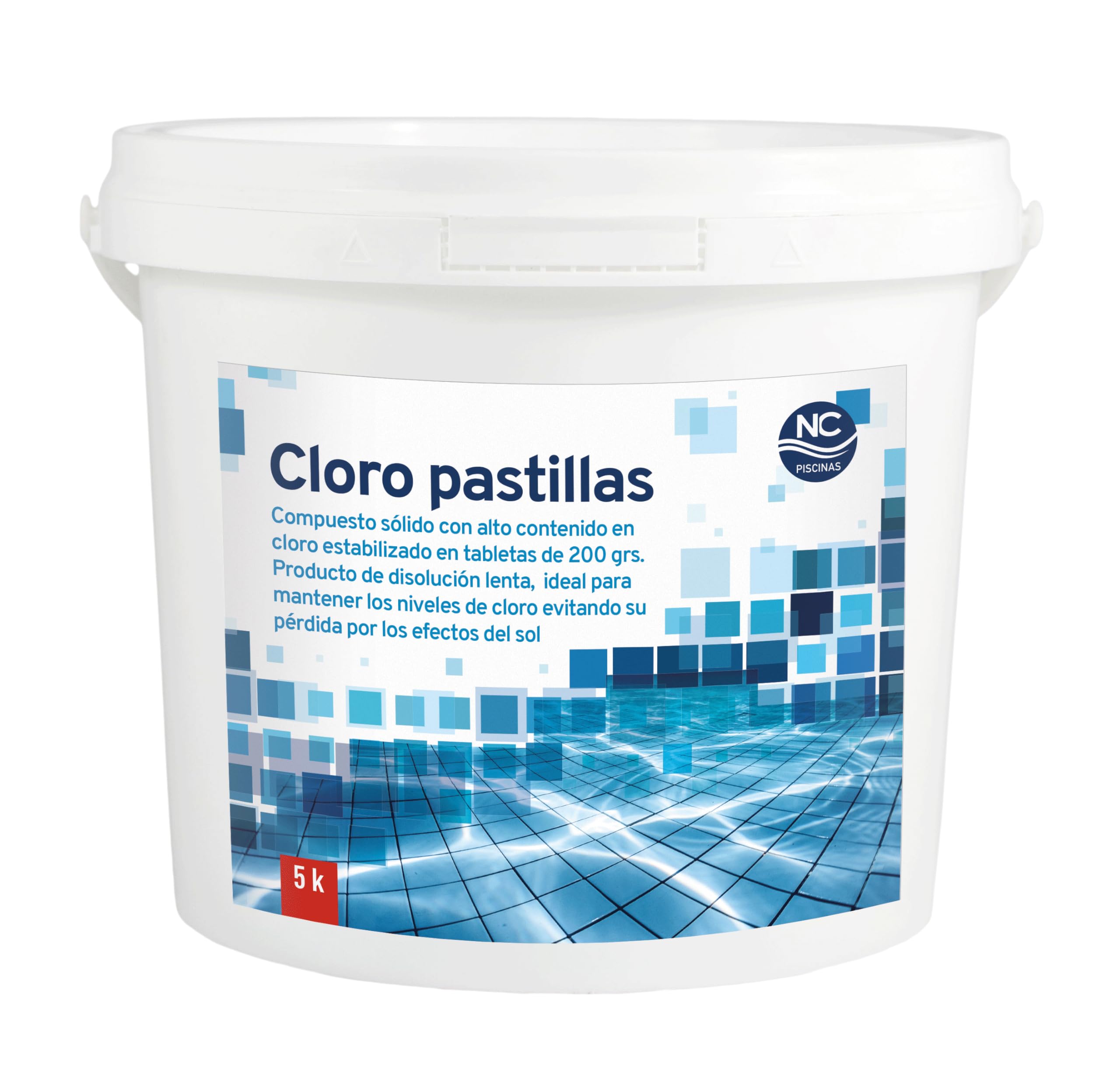 NC - Cloro en Pastillas o Tabletas de 200g. Disolución Lenta. Mantenimiento del Agua para Todo Tipo Piscinas. 5Kg.