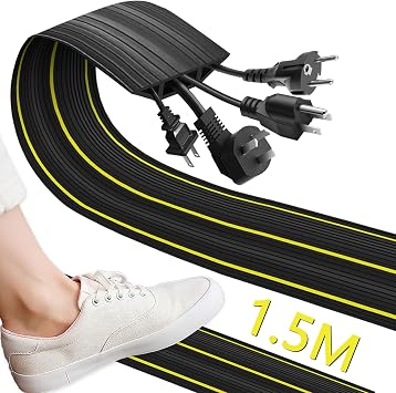 Xerteam Floor Cable Cover, 1.5M Heavy Duty Rubber Cable Protector with 3 Cord Channels, Yellow Warning Line, Easy Lay Flat