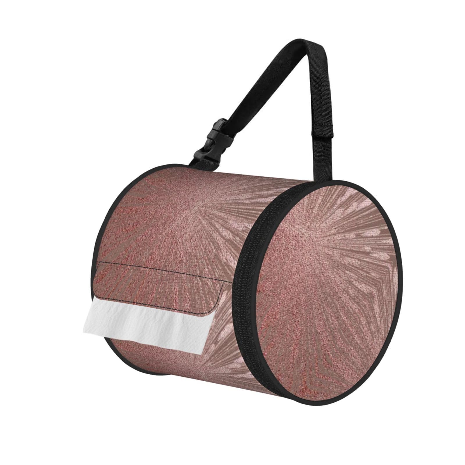 Rose Gold Marble Print Round Paper Tissue Holder With Shoulder Strap, Portable Roll Case For Caravan Travel Use