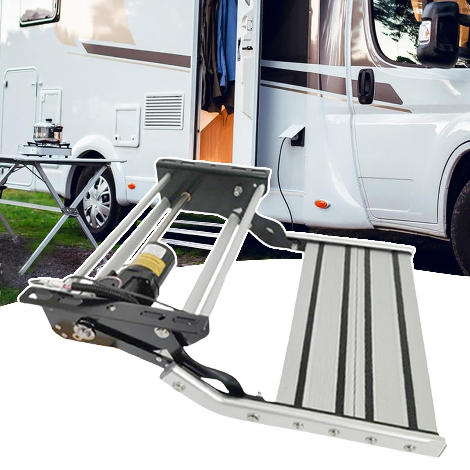 Składane Stopnie Camperowe Ze Stopu Aluminium, Składane Schody Camperowe Ze Stopu Aluminium, Ładowność 440 Lbs 200 Kg, Dla Kampera Samochodu Kempingowego Przyczepy Single-layerelectric