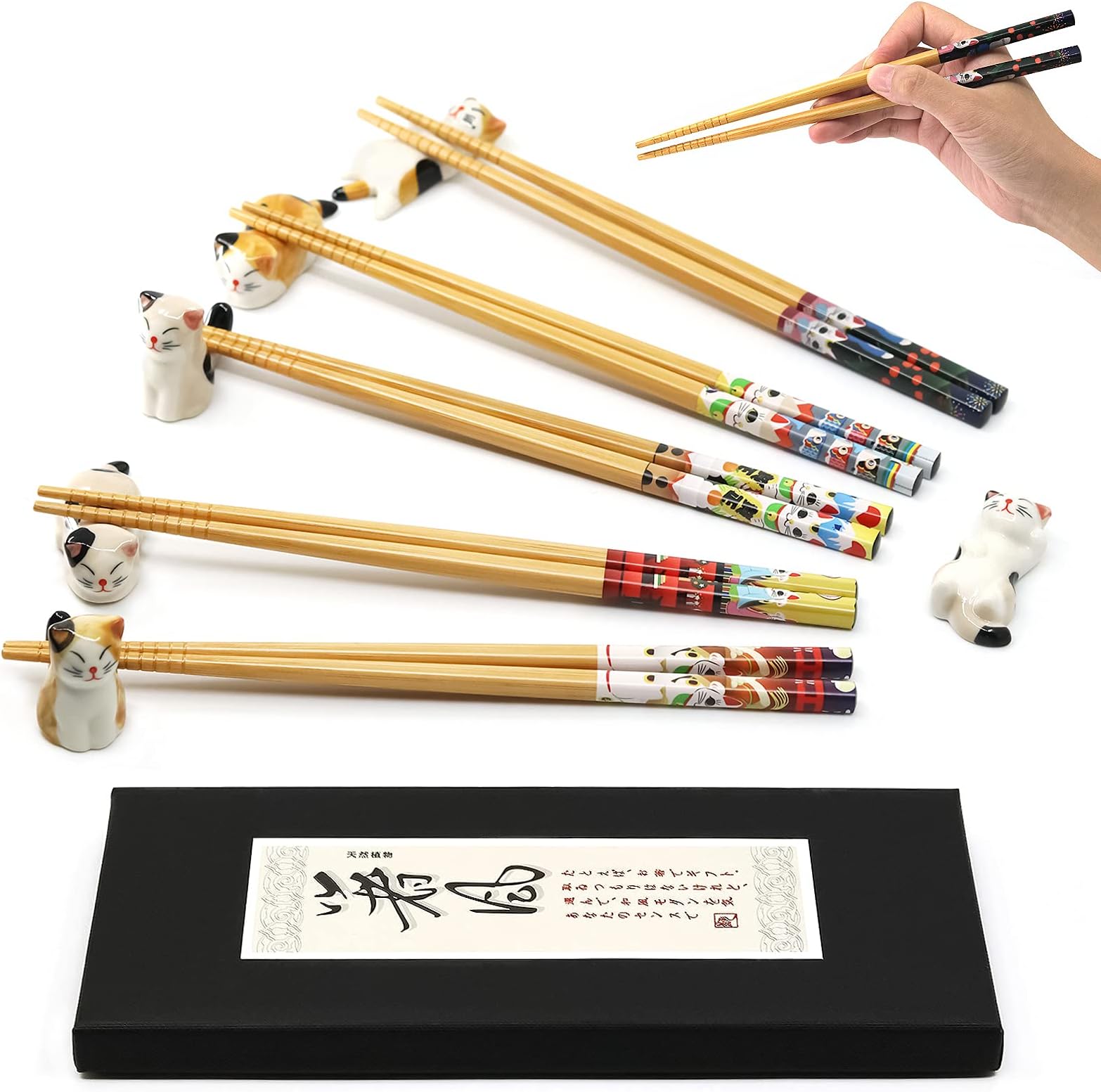 5 Pairs Chopsticks and Chopstick Rest Set, Cute Lucky Cat Chopsticks Holder 6 Cats, Chopsticks Holder Gift Set, Classic Japanese Style Bamboo Natural Reusable Chopsticks, Dishwasher - Safe