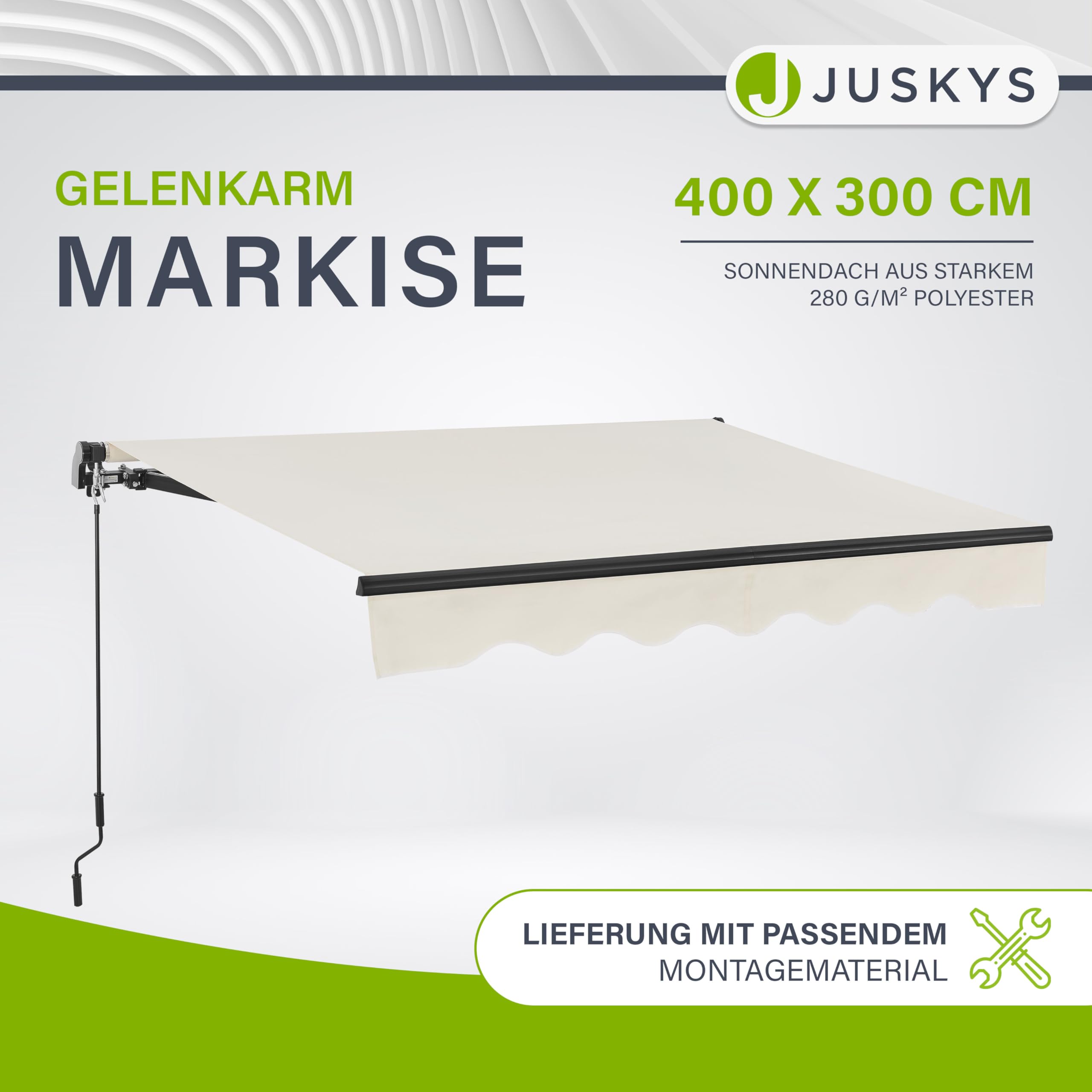 Juskys® Gelenkarmmarkise 400 x 300 cm, UV40+ & wasserabweisend, mit Kurbel & Wandhalterung Länge + Winkel einstellbar, Markise für Terrasse & Balkon, Sonnenschutz Balkonmarkise Gelenkmarkise, Beige