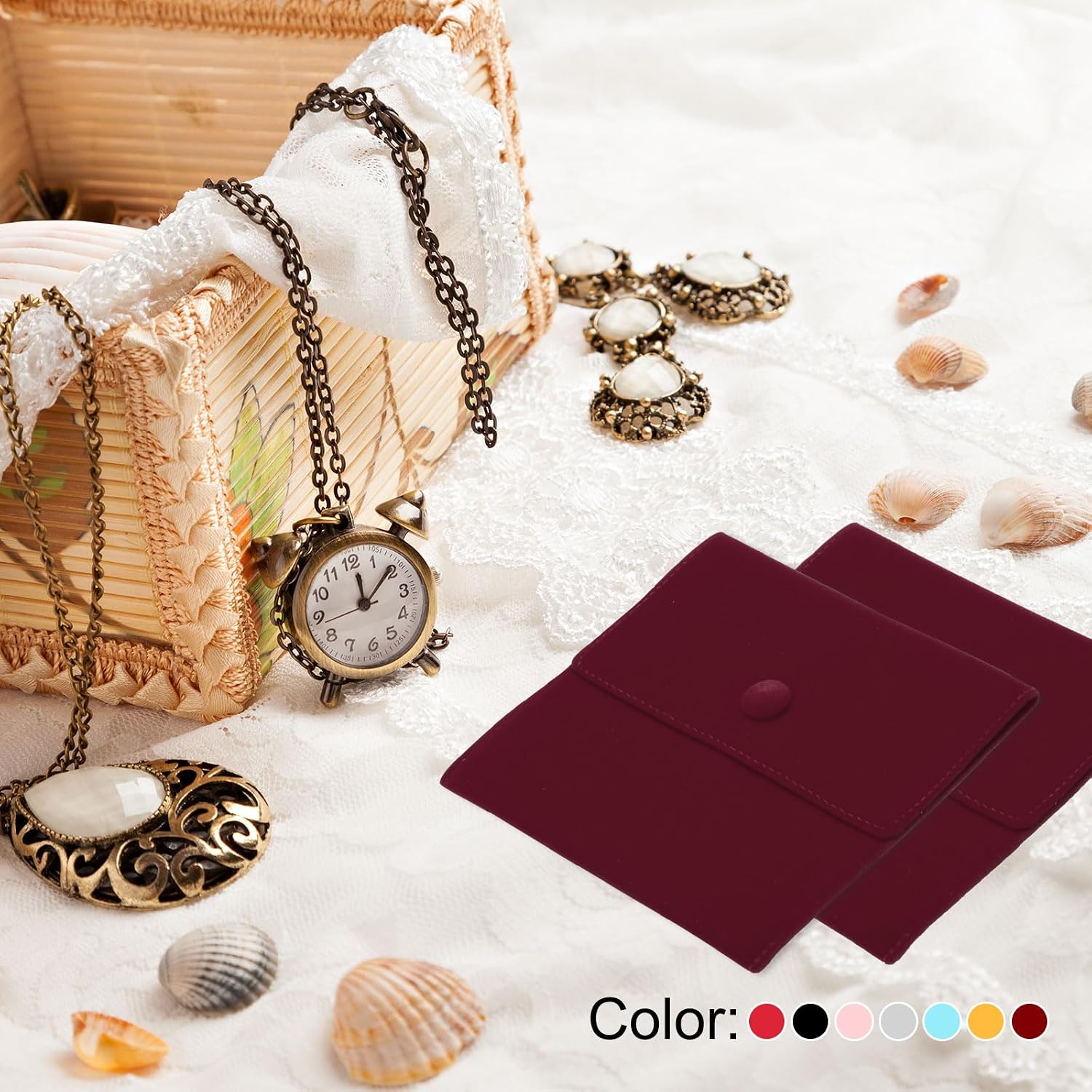 PATIKIL Jewelry Pouch, 2 Pack Soft Velvet Pouches with Snap Button Portable Storage for Rings Necklace Bracelet Earring Watch, Dark Red(3.4x3.4, 5x5)