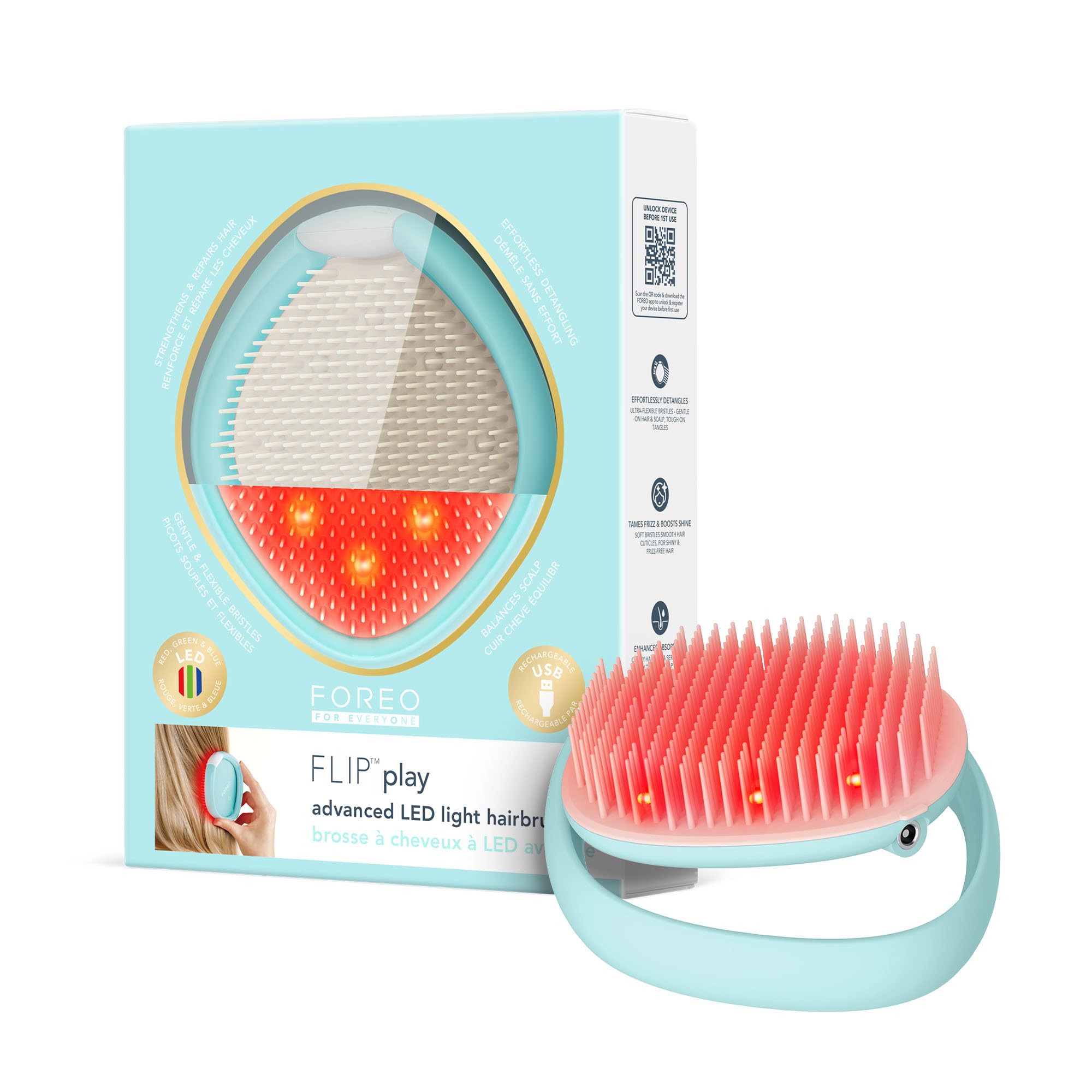 FOREO FLIP Play Advanced LED Light Hairbrush - Multi-Functional 3-in-1 Hair & Scalp Tool with Red, Blue & Green Light Modes – Designed to Support Scalp and Hair Appearance - Ice Ice Baby!