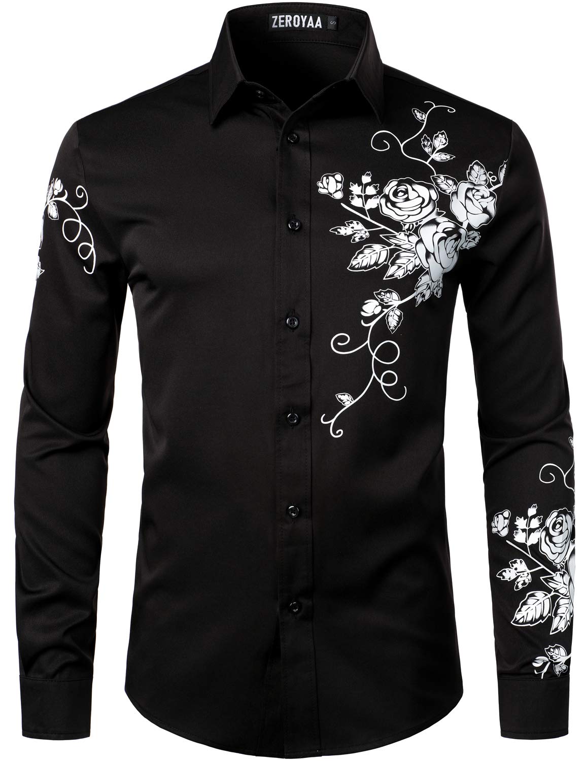 SASSAFRAS Men's Hipster Rose Floral Printed Slim Fit Long Sleeve Button Up Party Dress Shirts in rose