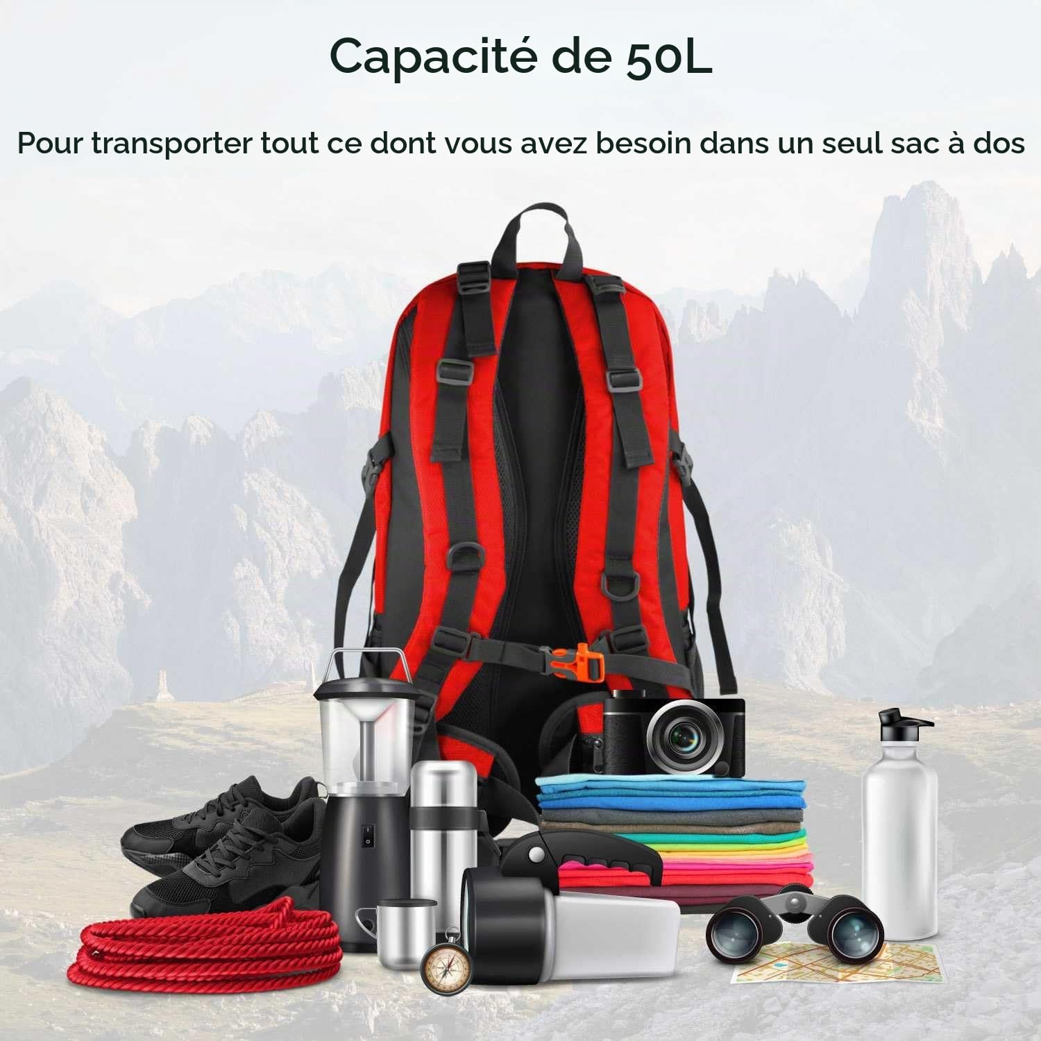 OcioDual Sac à Dos de Randonnée, 50 Litres, Imperméable Et Léger, Plusieurs Poches, Idéal pour les Voyages, La Montagne, le Camping, L'extérieur, pour Femmes Et Hommes