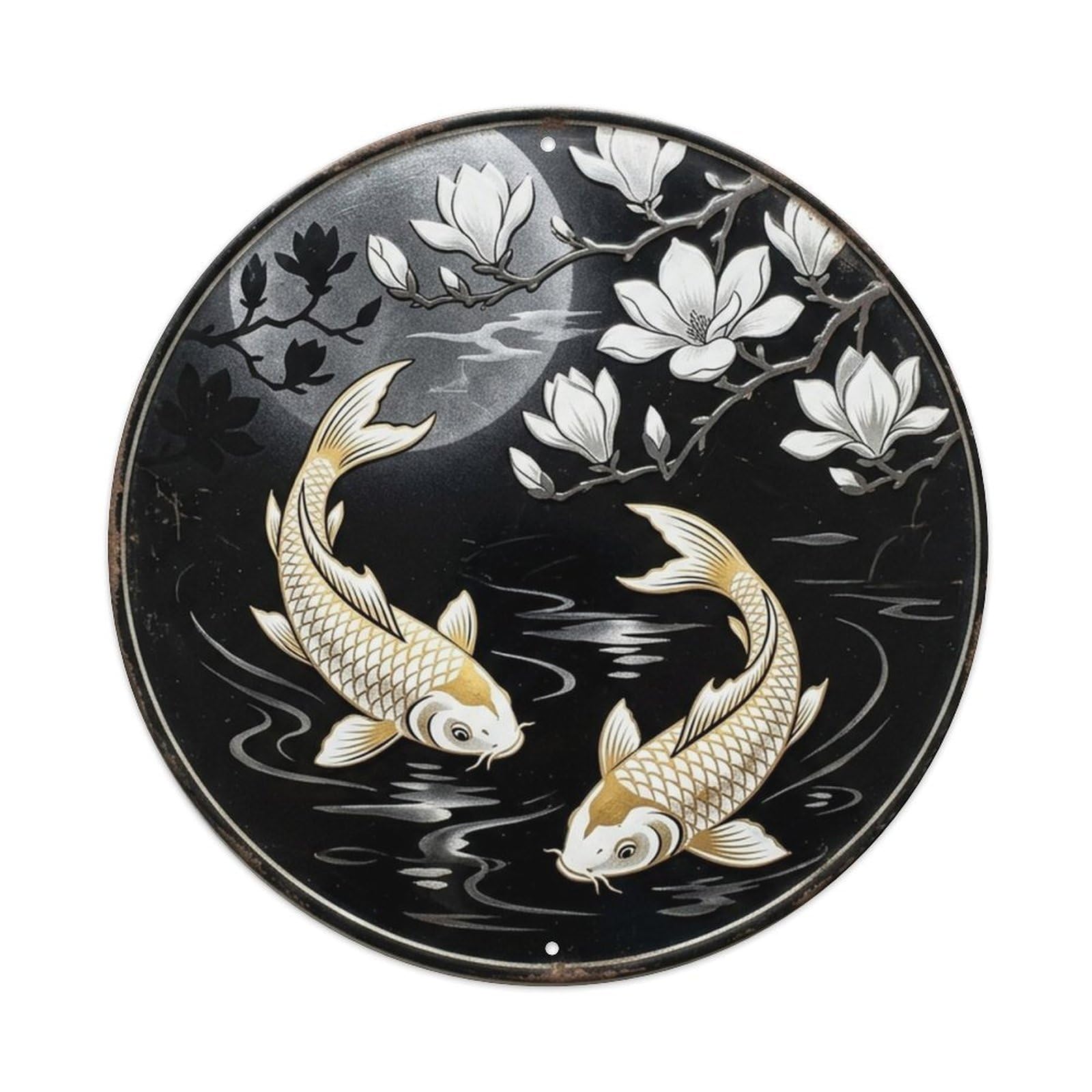 Feng Shui Koi Pond Lacquer Moonlight Garden Asian Harmony Metal Tin Sign Plaque Wall Decor for Cafe, Man Cave, Club Bar, Office, Home Garden Round Metal Poster 8x8Inch
