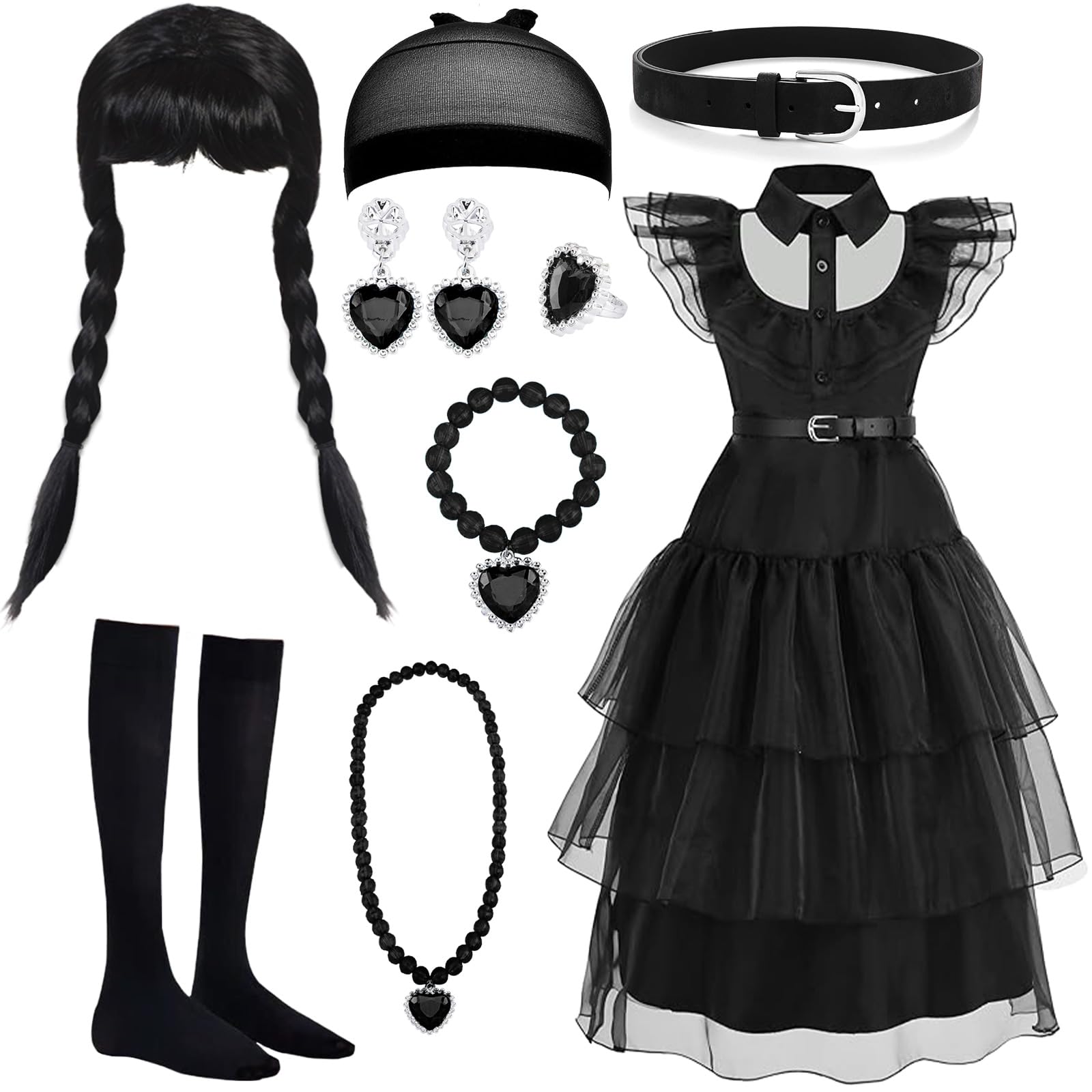 MWZEAUL Disfraz Halloween para Niña, 8 Piezas Halloween Disfraz Vestido con Peluca y Accesorios de Joyería, Vestido Costume para Cumpleaños Halloween Carnaval Cosplay Fiesta para Niña 4-5 Años, 110cm