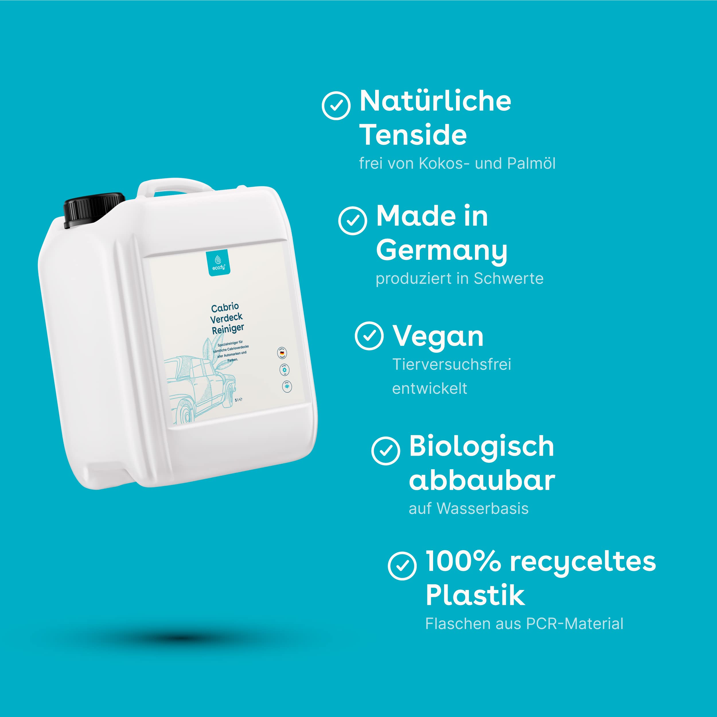 Cabrio Verdeck Reiniger Reinigungsmittel Spray zur Reinigung von Cabrio-Dach aus Stoff, Leder, Kunststoff, Kunstleder lösemittelfrei palmölfrei (5 l)