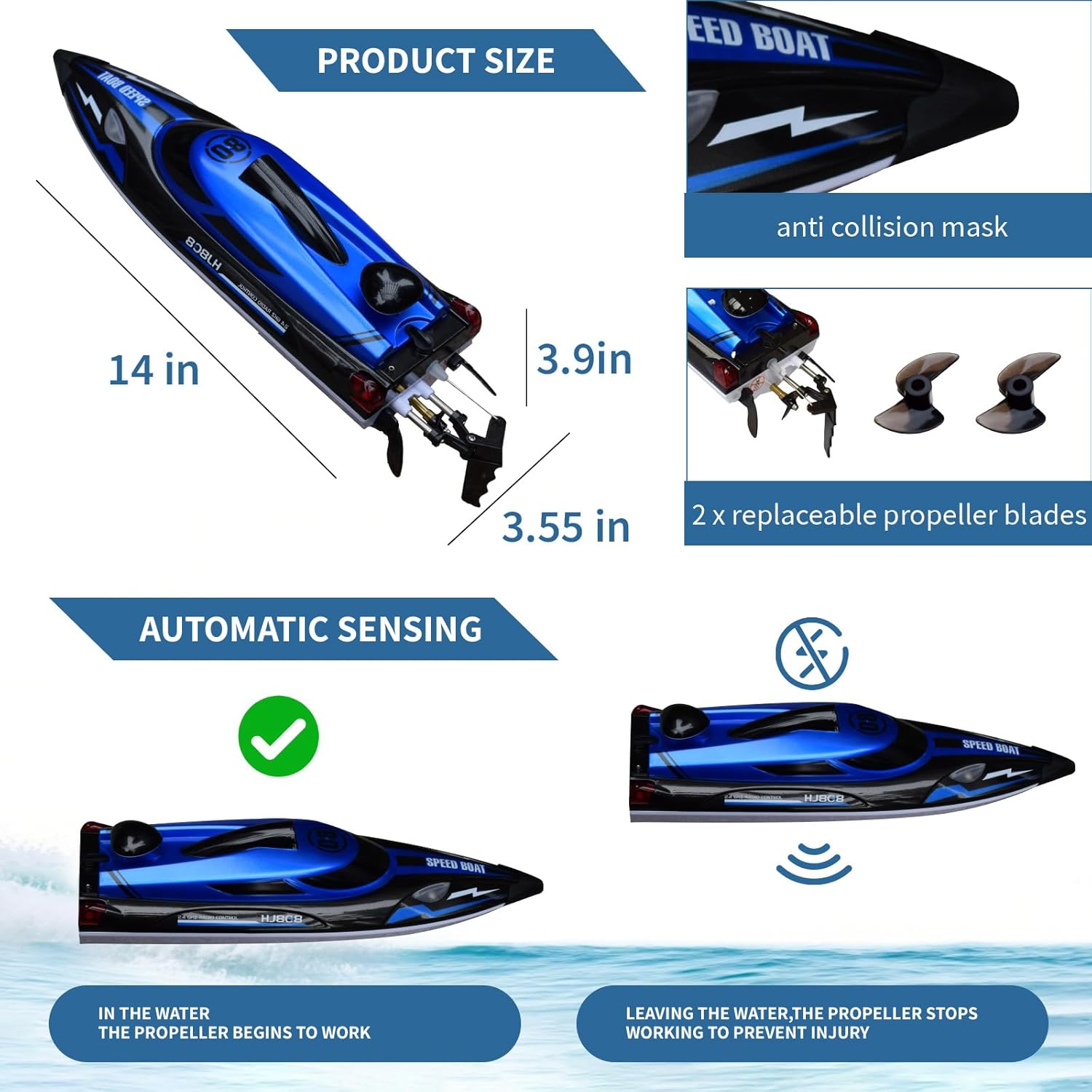 14 inch Big RC Boat Remote Control Boat for Kids and Adults, 25 KPH Fast RC Speed Boat with Two 1100mAh Batteries, Waterproof Toy Boats for Lakes Pools & River