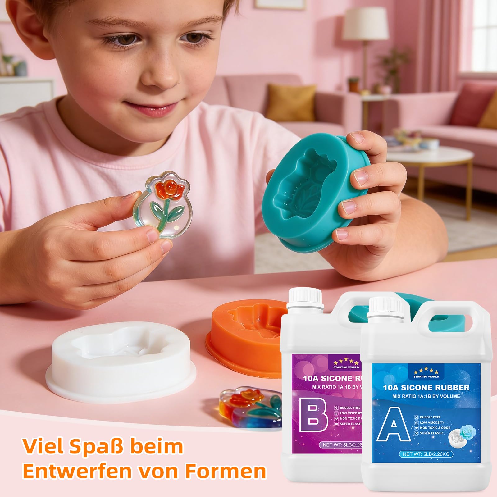 STARTSO WORLD Abformsilikon, 10A Flüssiges Silikon/Gießsilikon, Silikonkautschuk für den Formenbau, ideal für DIY Harzformen, Kerzenform, Seifenform, Gießen, Basteln (Transluzent,4.52KG)
