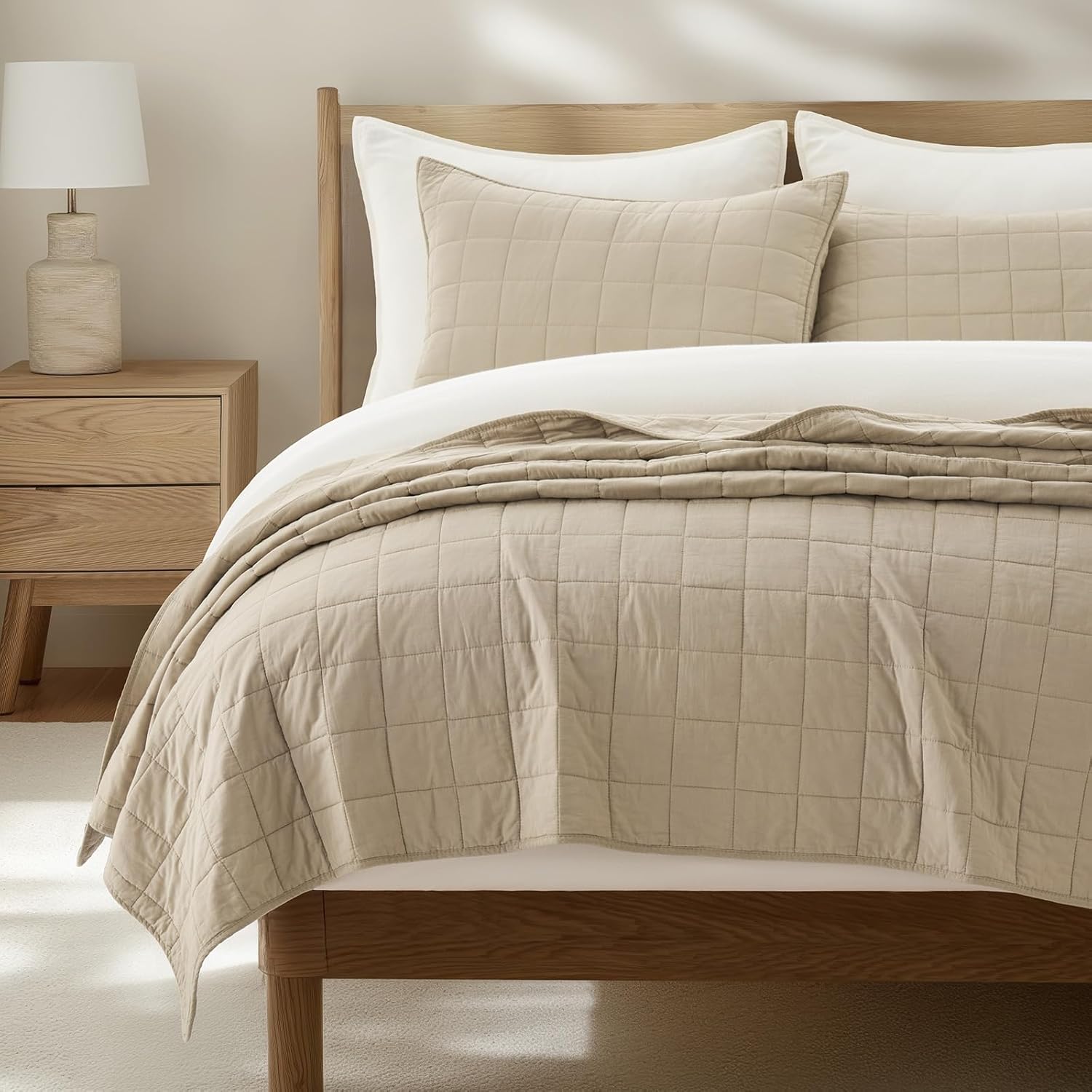 EVERGRACEHOME 100% Cotton Box Stitch Quilt Bedding Set Queen Size 3 Pieces, Garment-Washed Lightweight Soft Cozy Coverlet, Quilted Bedspread Sets with 2 Shams for All Season, Pebble Khaki Full/Queen (92” x 96”) Pebble Khaki