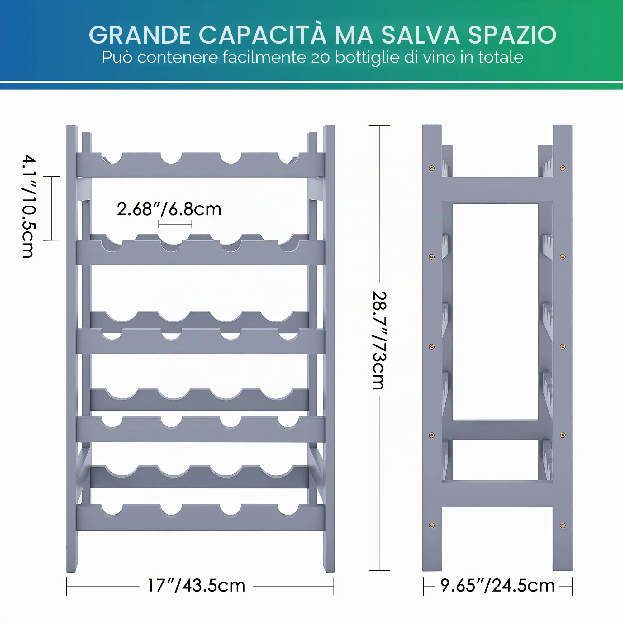 SMIBUY Portabottiglie in bambù, Portabottiglie da 20 Bottiglie, Scaffali a 5 Livelli per Cucina, Dispensa, Cantina, Bar (Grigio)