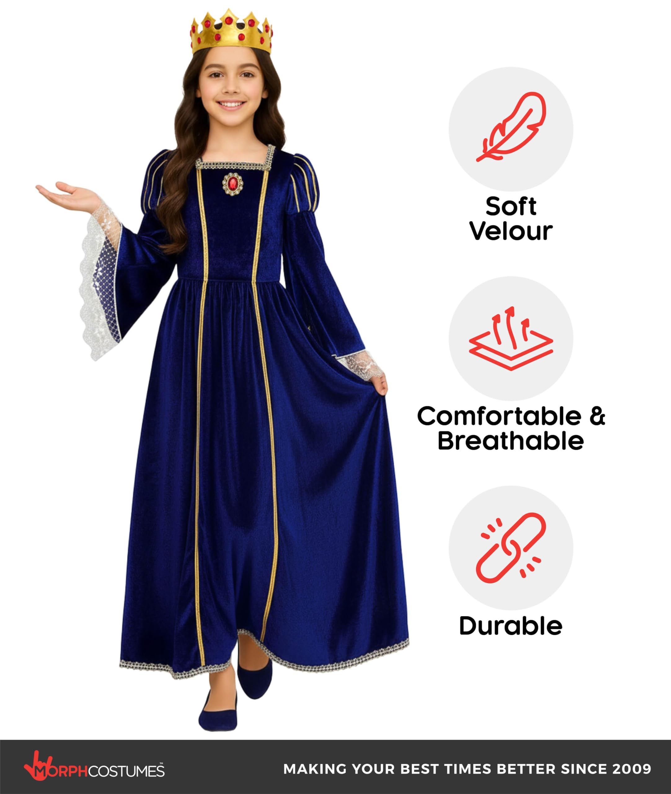 Morph Costume Rinascimentale Bambina Blu, Abito Medievale Principessa Blu per Bambine, Costume Regina Bambina, Costume Halloween Bambina