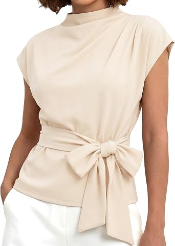 Cuffbow Women Dressy Tops Business Casual Cap Sleeve Mock Neck Blouses Tie Waist Belted Work Shirts Summer Trendy Tunic 2026
